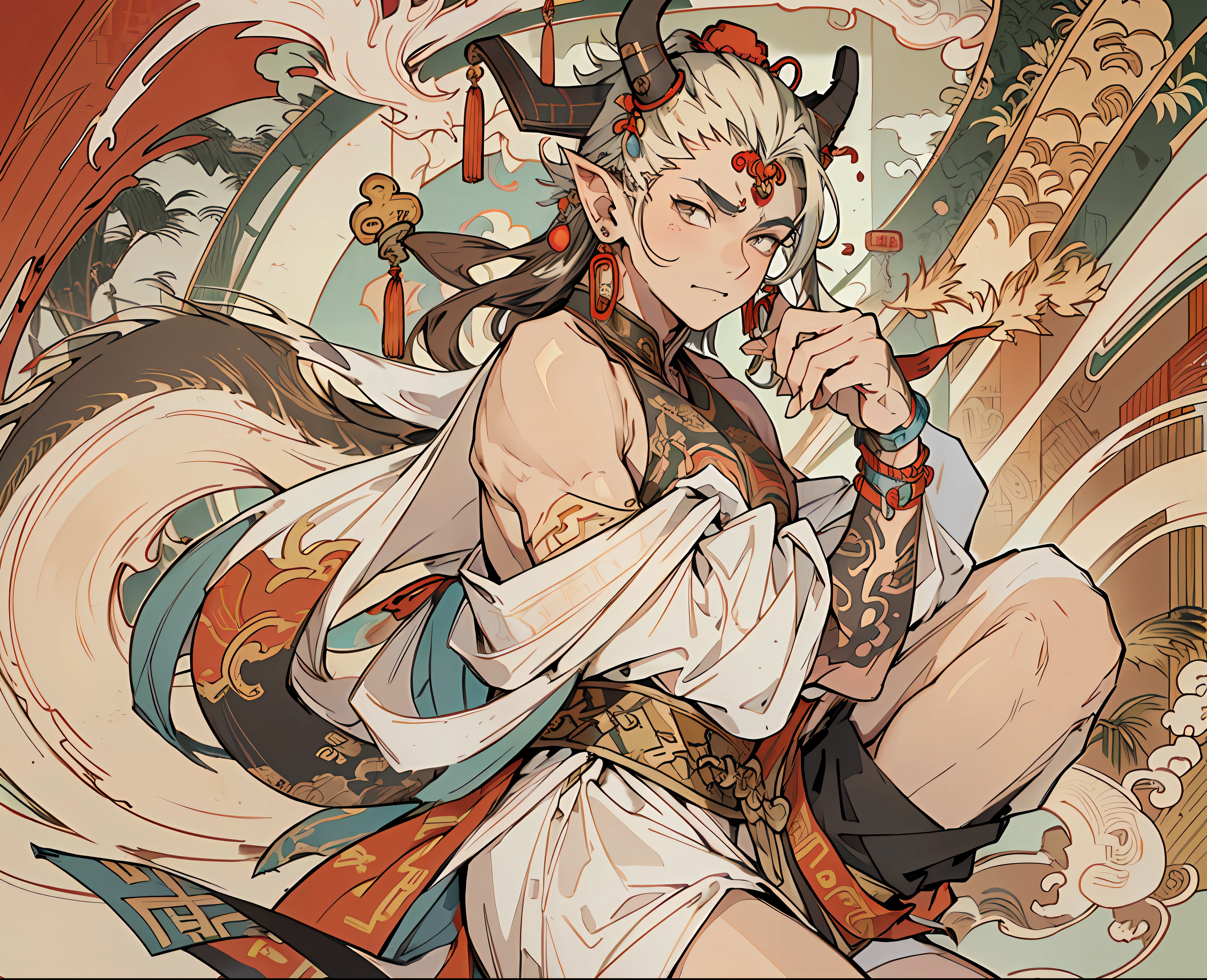 best quality, 4K, solo, (anime: 1.2), (big nipple: 0.8, male, (juvenile: 1.2), a Chinese dragon horn on the head, earrings on the ears, bracelets on the wrists, (metal ankle rings on the ankles: 0.5), ancient Chinese style, (upper body: 0.2), (bare shoulder: 1.2), long hair, (fair skin:1.5), dance moves, anime baby face, oxeye