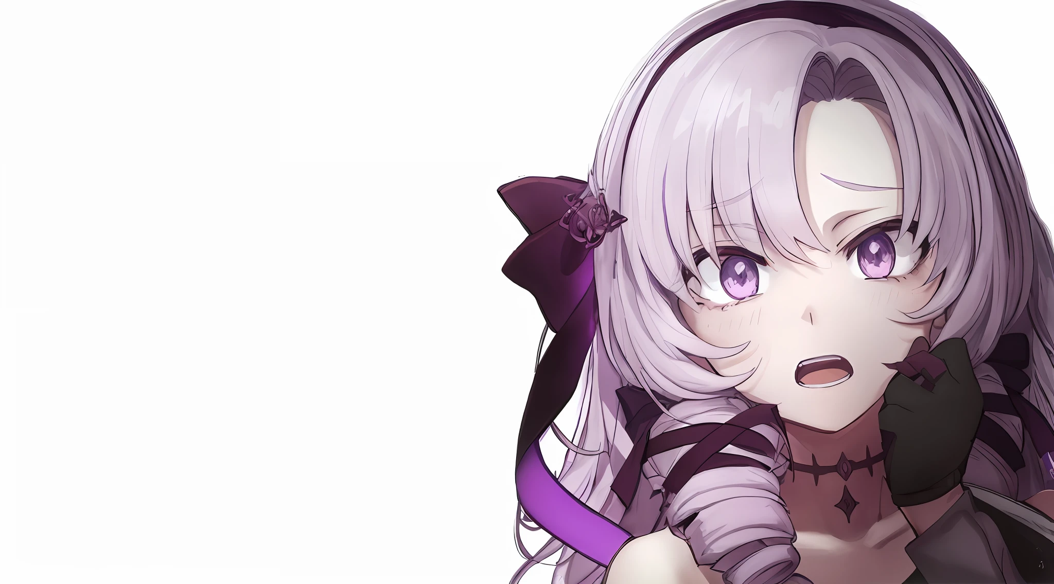 anxious face, panic, scared, open mouth, drill hair, purple ribbon, purple eyes, lilac hair, off-shoulder