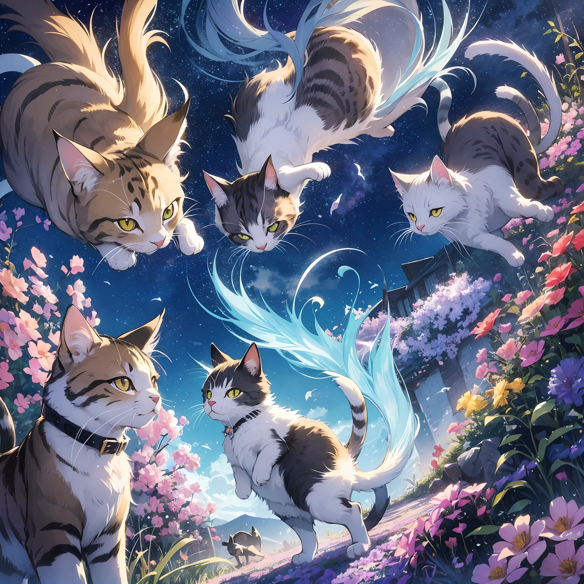 In the vast space that spreads out at the end of the sky, a beautiful carpet of clouds spreads out. In it, countless stars twinkle and constellations are depicted. And there is a cat paradise where cats live happily.
In this cat's paradise, different species of cats gather and roam freely in the air. The coat is fluffy and beautiful, and the tail is elegantly fluttering. In the place where the cats gather, there is a large cotton candy-like cloud that floats around, and you can see the cats relaxing on it.
Cats play freely in the sky, jumping and playing. There are mysterious playground equipment floating in the air and athletics dedicated to cats, and cats enjoy making full use of them. The jumping chase of fish and search for toys is like a somersault, and it can be said that it is a brilliant performance.
In addition, beautiful flowers bloom in paradise and fragrance wafts in the air. The cats are very interested in the flowers, and you can see them bringing their noses close to smell them and lightly touching them with their tails. The colors of the flowers and the fur of the cats are in harmony, and it is a dream-like scene.
In Cat's Paradise, the stars shine in unison at sunset and beautiful auroras spread across the sky. The cats are intrigued by the glowing light and jump and wiggle their tails to play. The stars and cats blend together to create a mysterious and fantastic space.
This cat's paradise is a place where cats go crazy to play, have fun and find peace. The cats are flying freely in the air and smiling against the starry sky. --auto --s2
