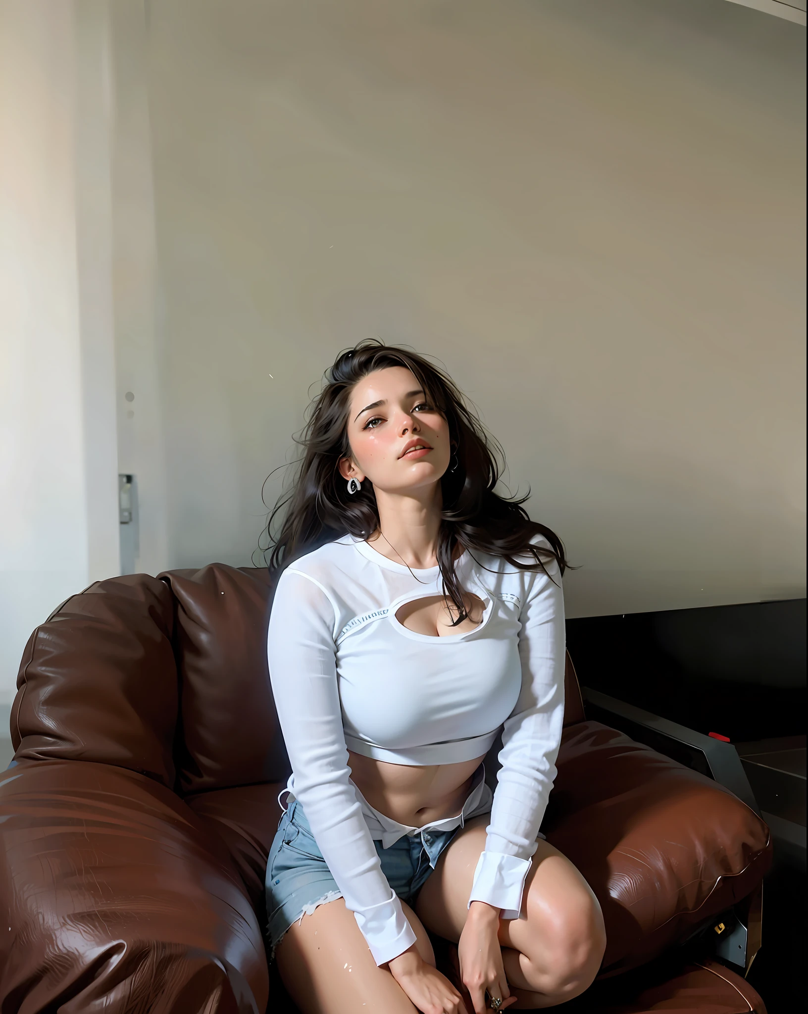 a hyper-realistic portrait of a young woman, half asleep, under a tree, inside a forest, lots of rain, in the middle of nature, 22 years old, realistic, (lying on her side), she is wearing a red panties, (wearing minimal dress), sexy, (huge breasts 2:1), wet clothing, short brown hair, (hair tied with bows), curved, SFW