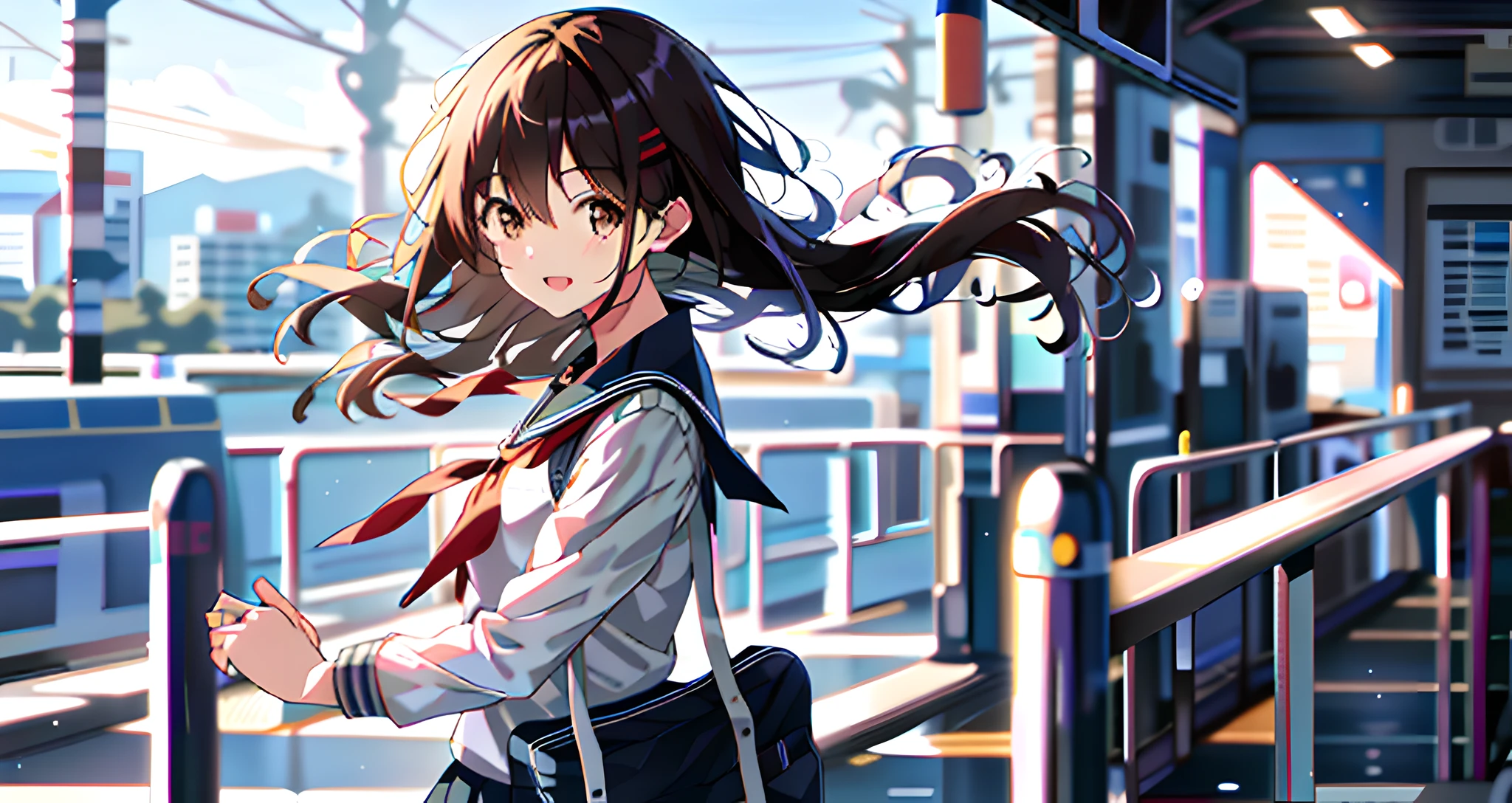 anime girl with long hair walking on a train platform, kantai collection style, railgun, konpeki no kantai, kantai collection arcade, kancolle, makoto shinkai style, anime visual of a cute girl, makoto shinkai art style, beautiful anime high school girl, anime style 4 k, official artwork, shinkai makoto