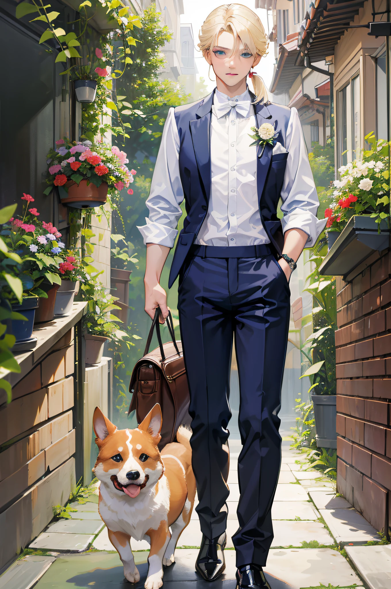 Masterpiece, high quality, absurdes, a guy wearing long white shirt and trousers, blonde hair, detailed eyes and face, blue eyes, beautiful face, ponytail, walking in a garden with his son, father and son, German emire outfits, 5 y.o boy, royal, imperial, noble, bloomig garden on background, flowers, roses, 19th century outfits, corgi puppy