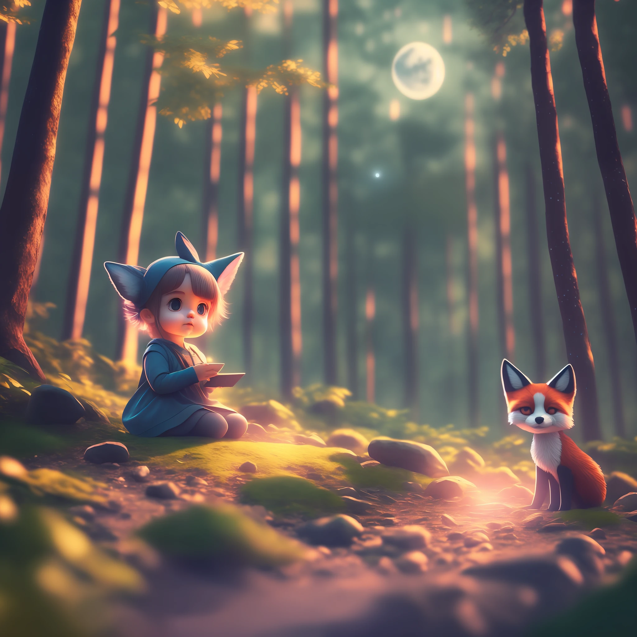 3d cute little girl in the forest at dark night, moon in the sky, fox is watching her, 3d cinematic render style --auto --s2