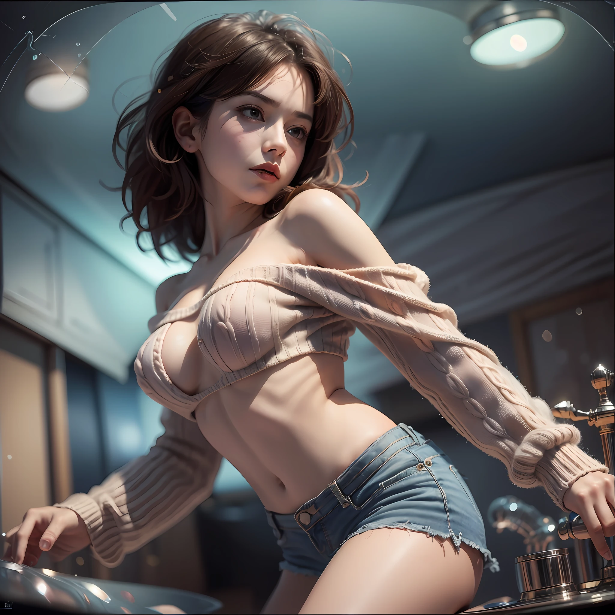 (nude), big boobs,(masterpiece), best quality, extremely detailed, (watercolor), bloom, delicate and beautiful, illustration, (from below),(1girl:1.4), (solo:1.2), large breasts, (ribbed sweater:1.3), off-shoulder sweater, (short shorts:1.2), bare shoulders, (underboob:1.2), ((dark skin:0.8)), beautiful eyes, (disheveled hair ), photography, over-the-shoulder shot, by Alex Maleev, professional, canon camera, nikon camera, sharp, bokeh, studio quality, fisheye lens, by Robert Capa , --auto --s2