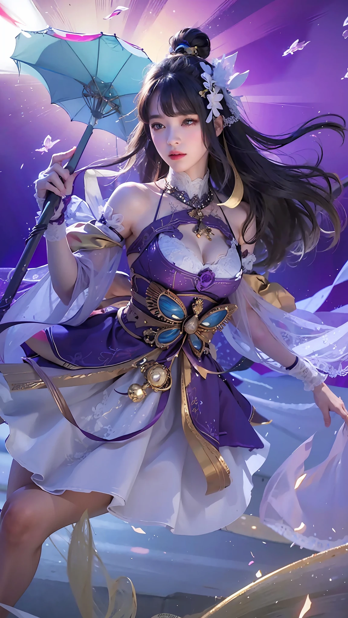 best quality,masterpiece,extremely detailed,high res,4k,ultra high res,detailed shadow,ultra realistic,realistic,dramatic lighting,1girl,solo,detailed face,realistic eyes,realistic skin,white dress,purple hair,dynamic pose, white lace dress