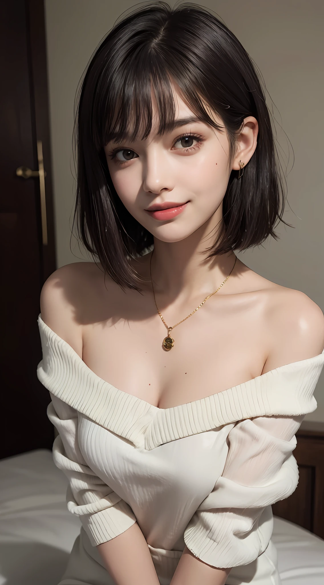 (top quality, 8k, masterpiece: 1.3), pretty woman with perfect figure: 1.4, dark brown hair, big, wearing pendants, torn shorts, sleeping in bedroom, very detailed face and skin, detailed eyes, double eyelids, top quality, masterpiece, (photorealistic: 1.4), one woman, golden ratio, high angle shot, upper eye care, low angle shot, perfect face, beautiful figure, cute face, face close-up, zoom in on face, short bob, short hair, smile from different angles, smile, gloss, highlight, gloss, glossy on skin, glossy on skin, wet skin, wet, bangs, cute smile, bust, off-shoulder, refreshing charm, elegant, perfect hands, smile from angle, smile, shiny, highlight, glossy skin, bangs, bust, big, Warm off-shoulder, refreshing charm, ears out, gaze to the camera, poses at different angles