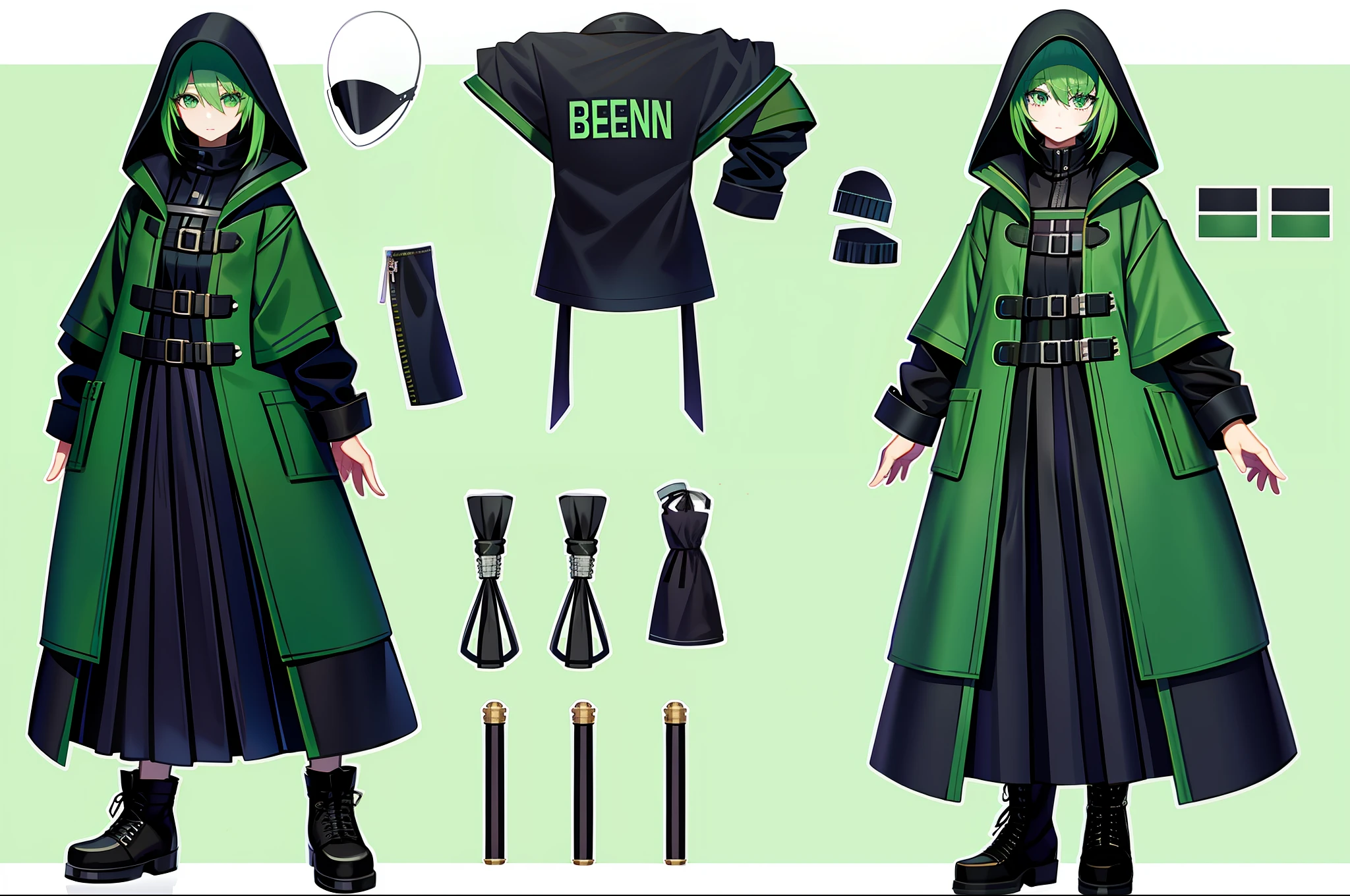 Bank robber girl with dress and poncho dress with lots of pockets green and black color scheme holding whip full body art character concept art anime character sheet wearing mask poncho