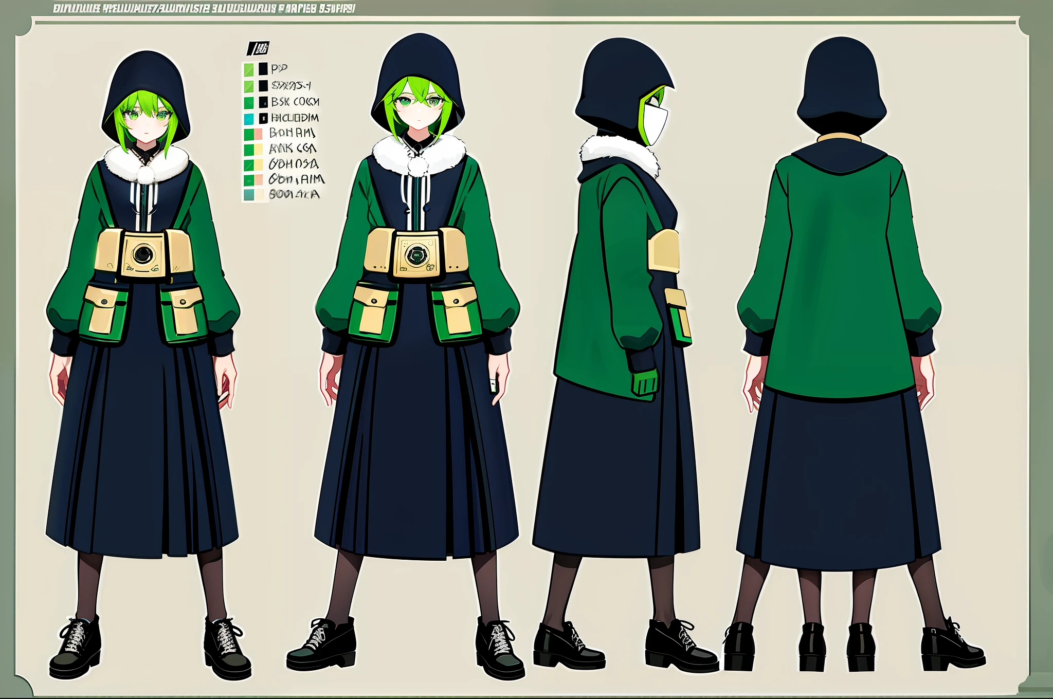 Bank robber girl with dress and poncho dress with lots of pockets green and black color scheme holding whip full body art character concept art anime character sheet wearing mask poncho
