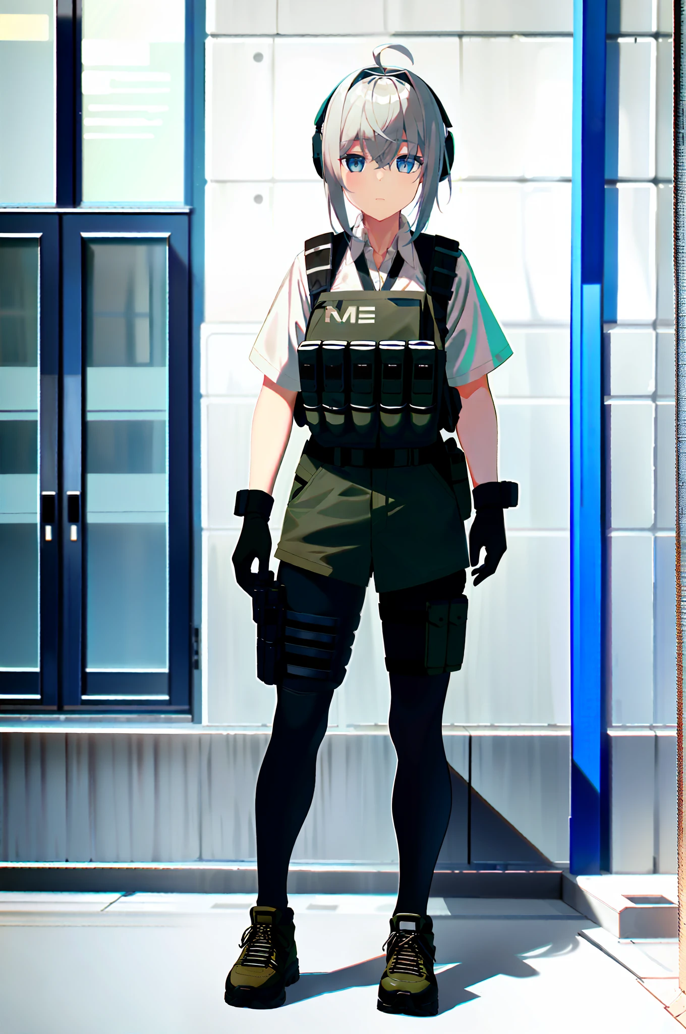 photo of a iom girl, 1girl, bangs, grey hair, blue eyes, bulletproof vest, gloves, headphones, holster, looking at viewer, medium hair, military, plate carrier, tactical clothes, (black and khaki clothes), thigh holster, thigh strap, forest, running, black backpack, outdoors,