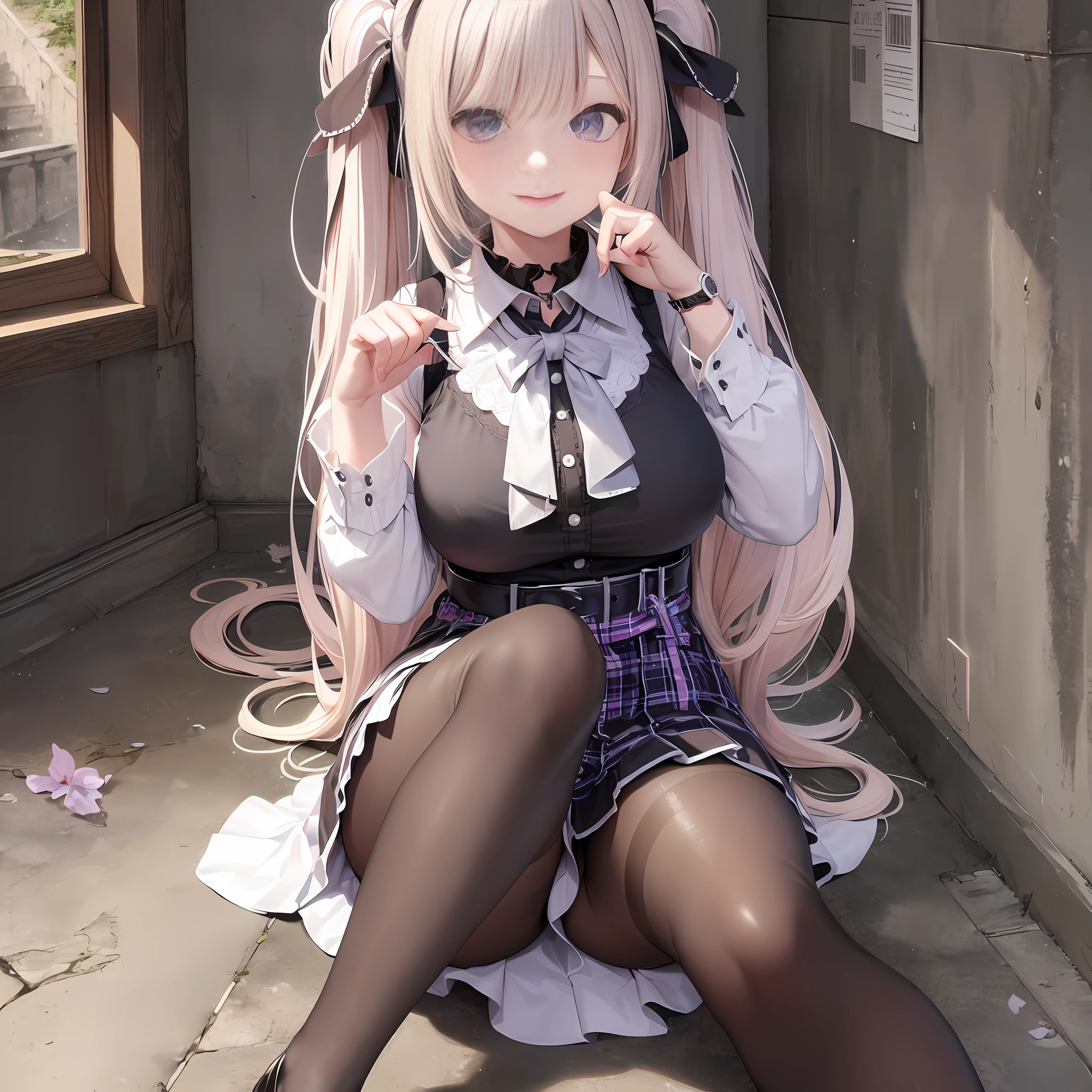 masterpiece,best quality,official art,extremely detailed CG unity 8k wallpaper, incredibly_absurdres, huge_filesize, artbook, light, solo, , purple hairband, blunt bangs, medium hair, platinum blonde hair, twintails, cute face, looking at viewer, laughing, aqua eyes, glowing eyes, medium breasts, school uniform, pleated_skirt, cross-laced_footwear, black pantyhose, wristwatch, necklace, wariza/w-sitting,