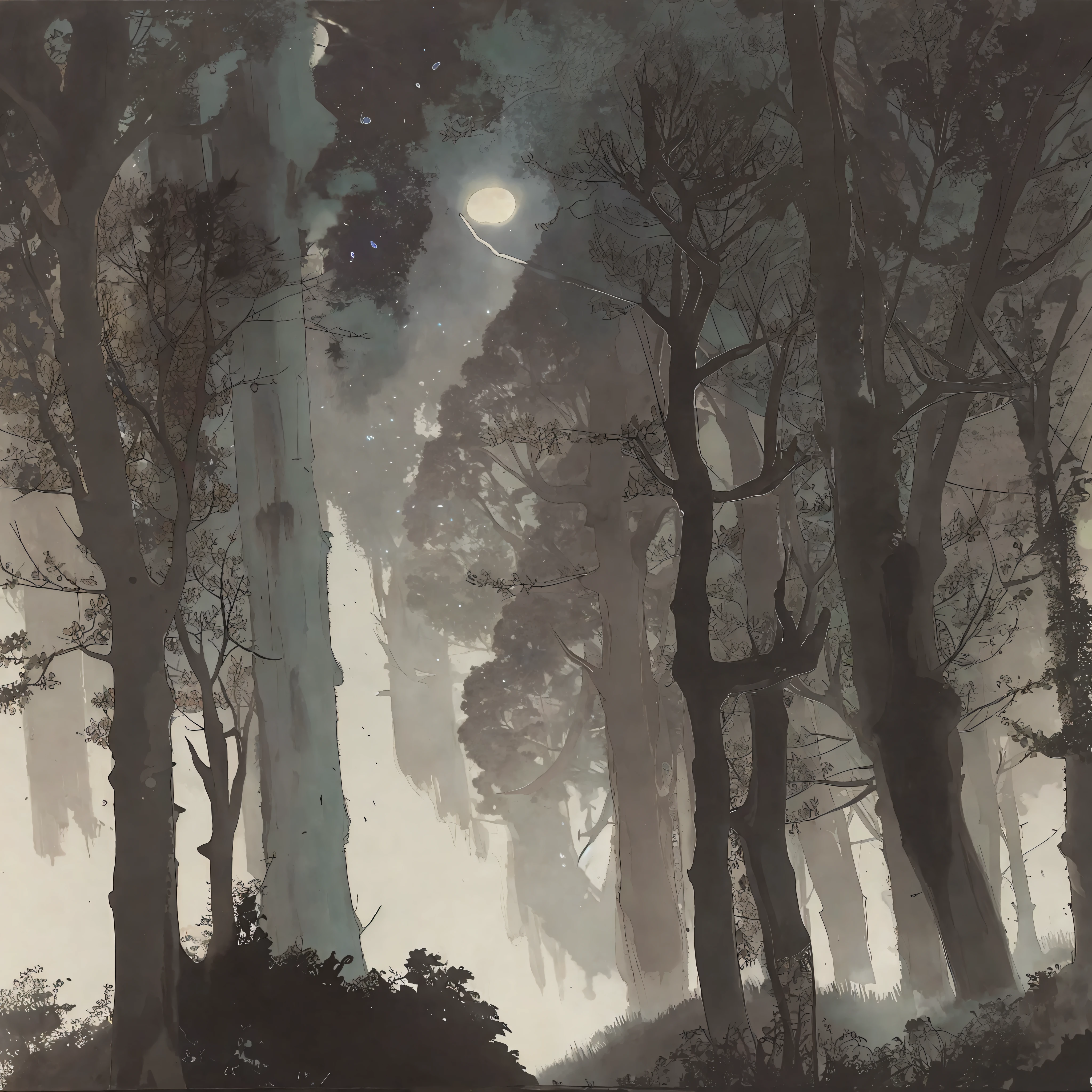 A watercolor painting. There is a moon in the sky, on a dark night. Low light, no glares. Just a natural night. There is a dense forest and a light rain falling. Branches dripping rainwater.