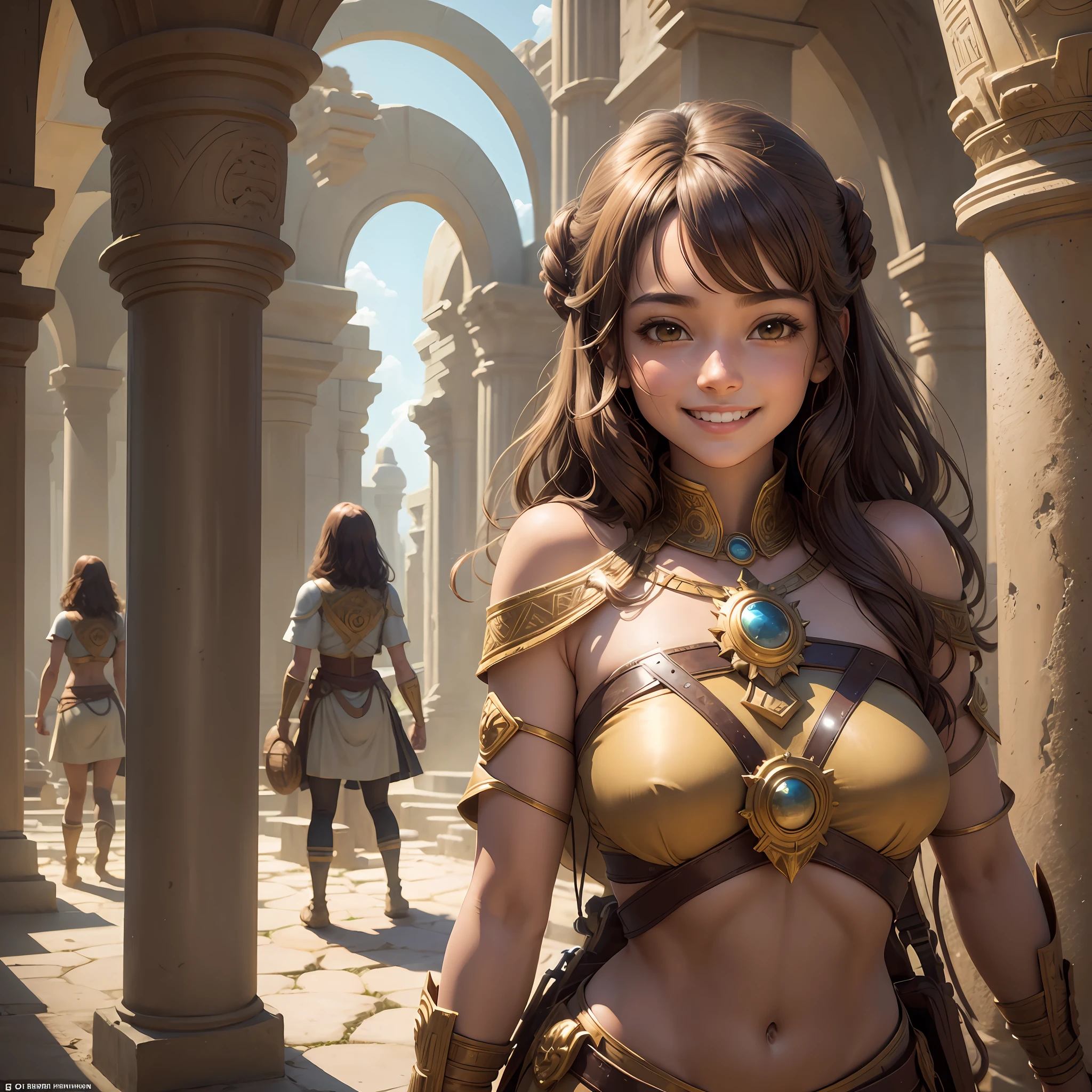 A smiling brown-haired girl standing in the sun, two-dimensional style, ancient scenes, rich details, rigorous human body structure, vivid character movements, --auto --s2