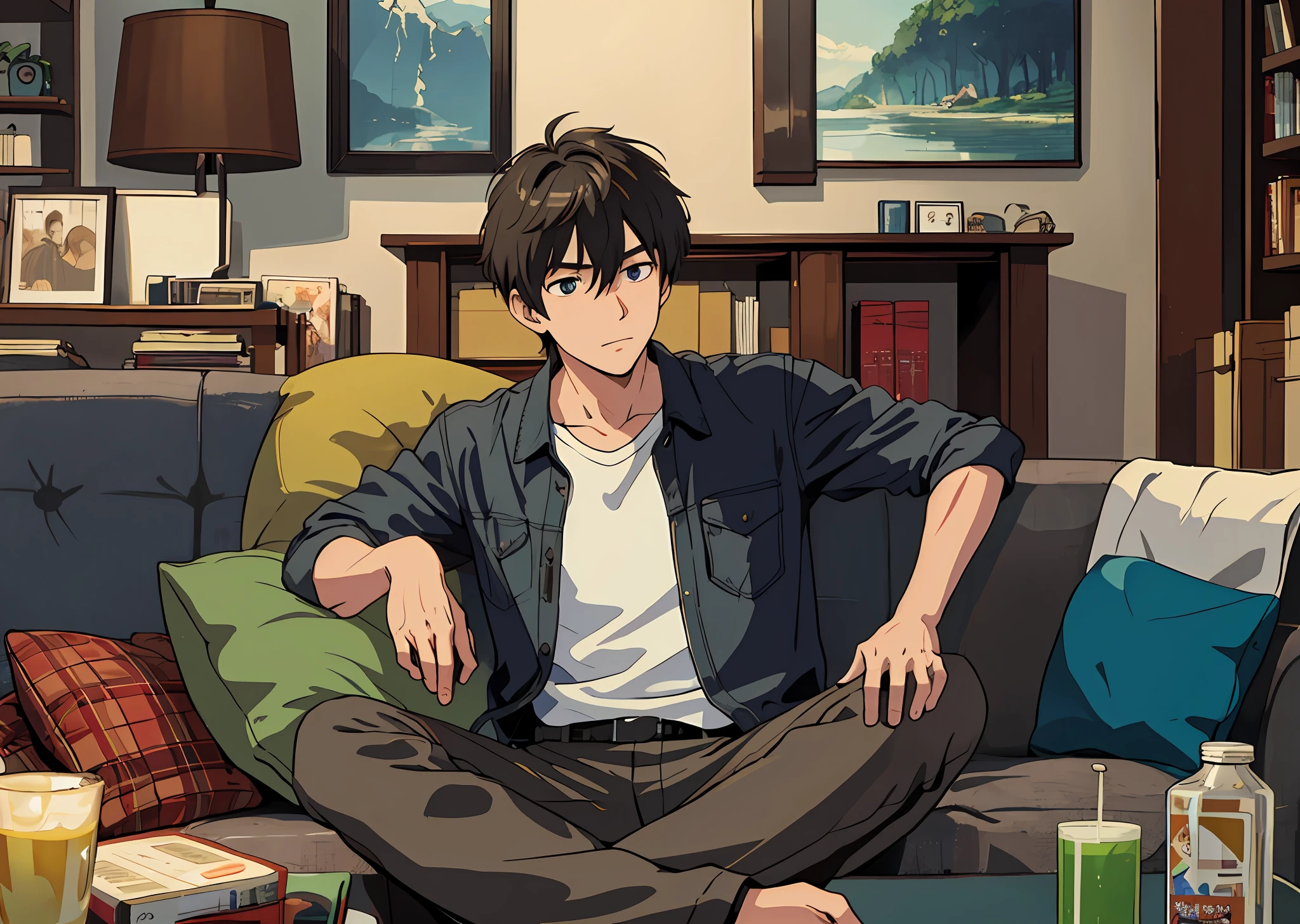 (Masterpiece, the best quality), a man, sitting on the ground, living room, drunk