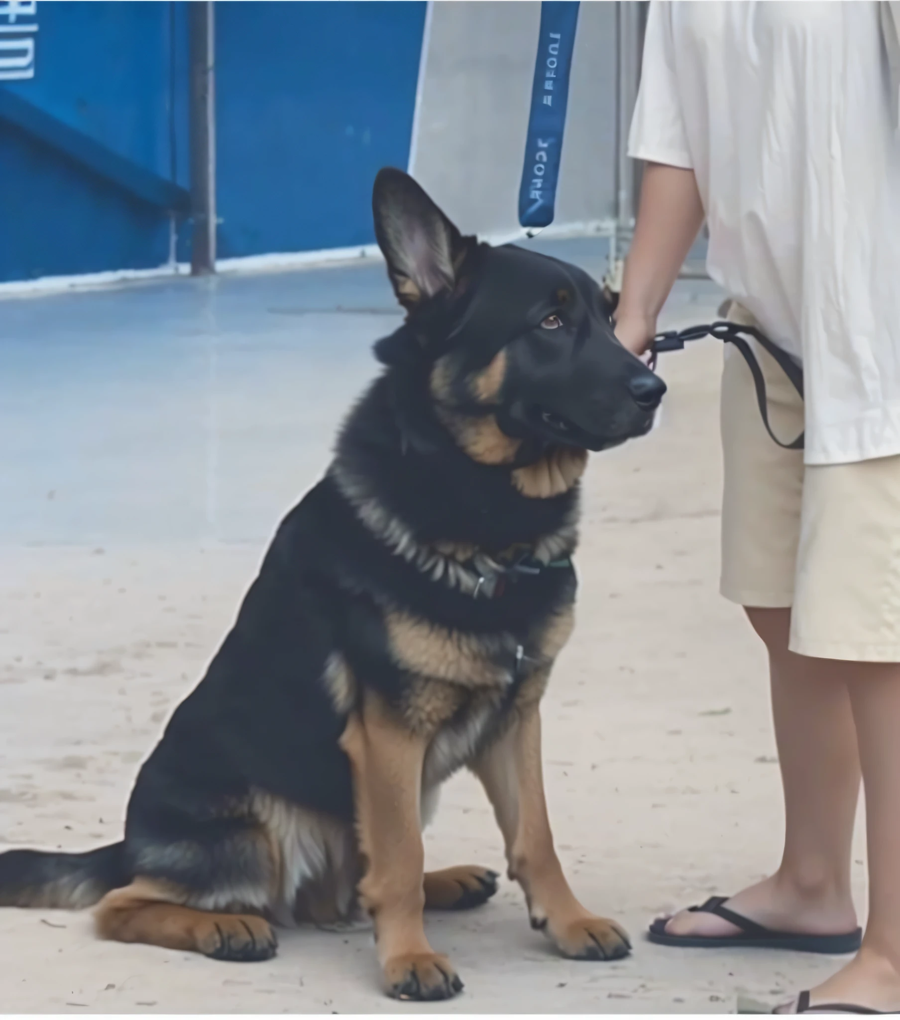 there is a dog that is sitting on the ground with a leash, by Emma Andijewska, german shepherd, k9, youtube video screenshot, canine, pet, video still, dog, video, the photo shows a large, very handsome, extremely handsome, low quality footage, smooth in _ the background, subject: dog, by Robert Zünd