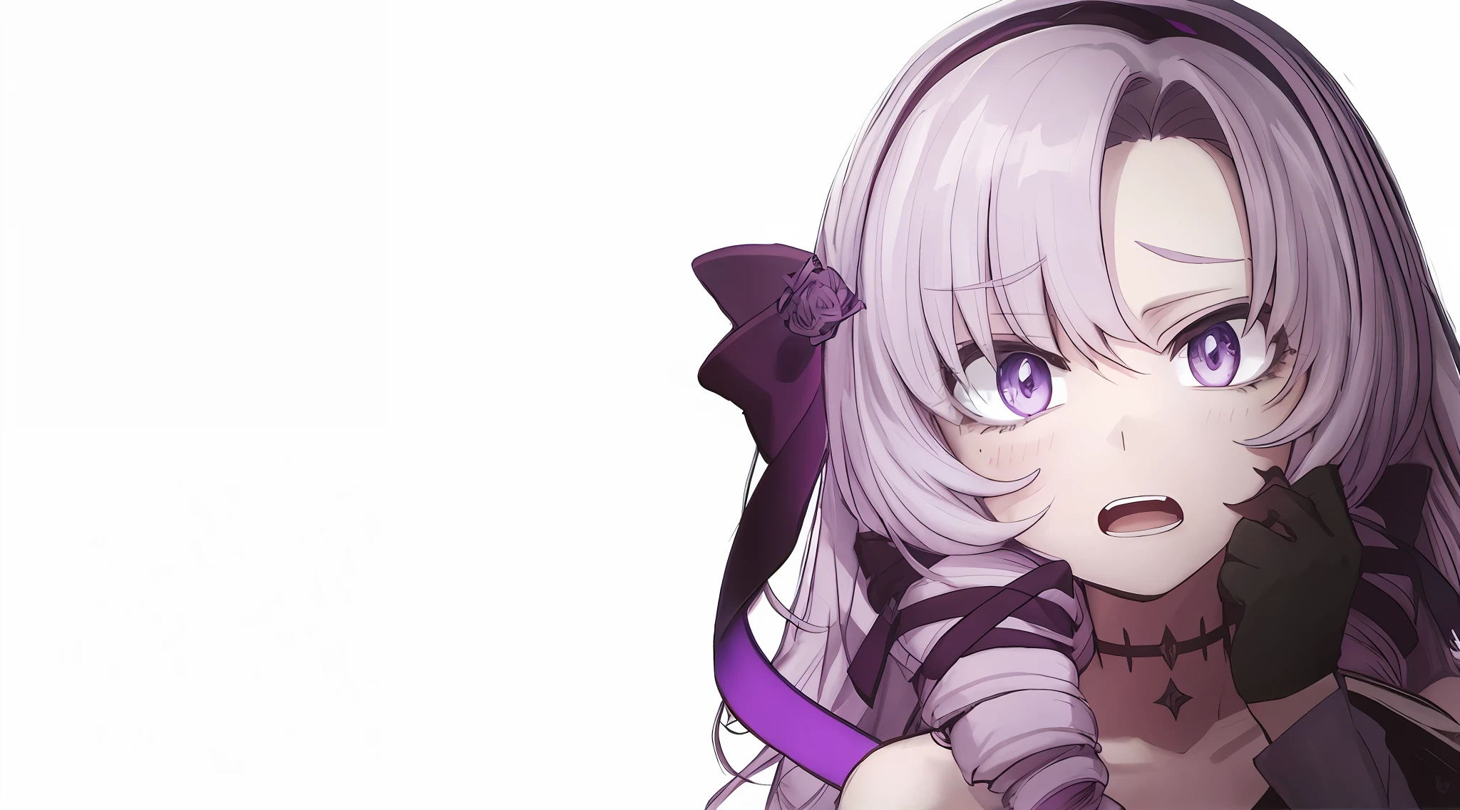 scared expression, anxious face, panic, scared, open mouth, drill hair, purple ribbon, purple eyes, lilac hair, off-shoulder