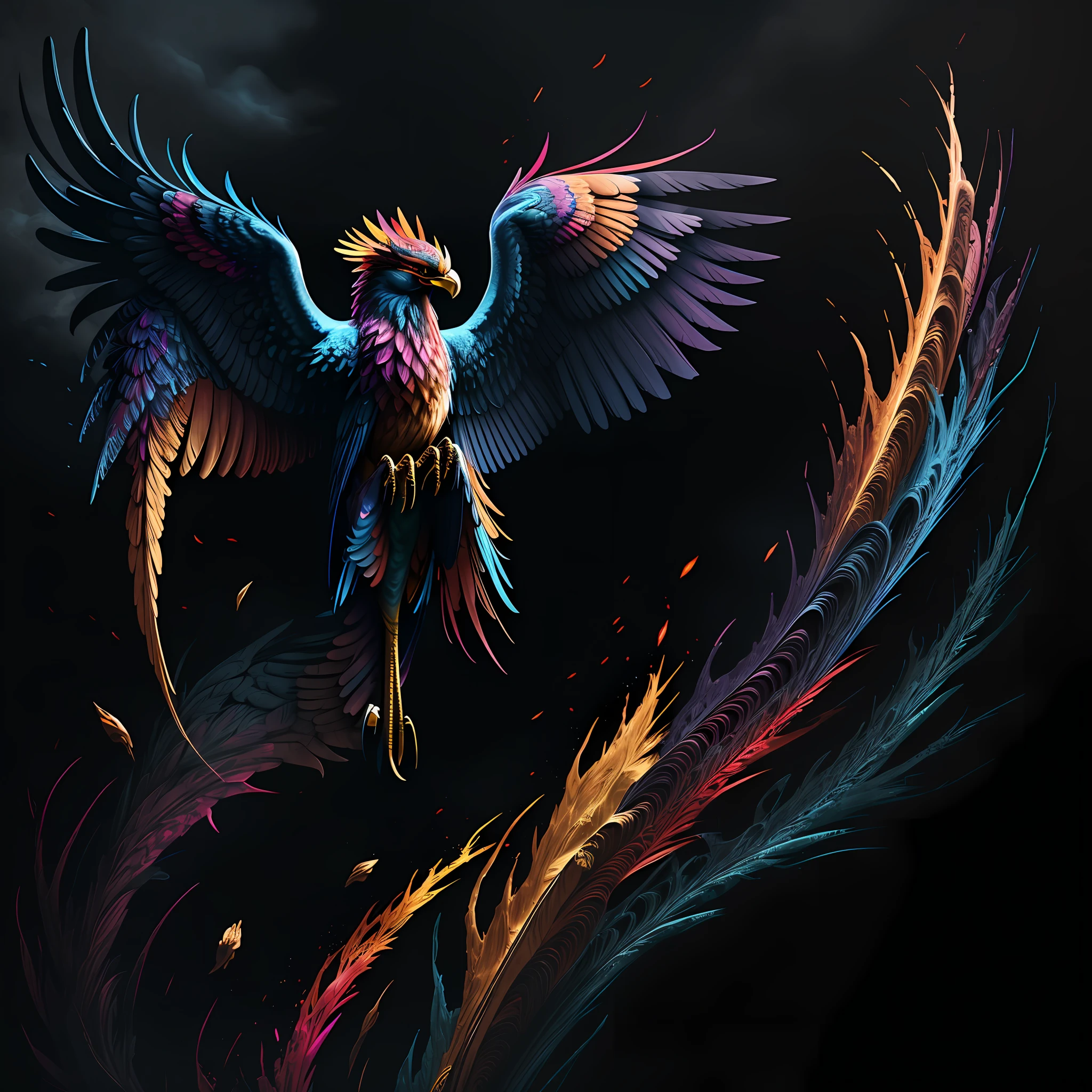 a phoenix, colorful,
yang08k, photography, beautiful, black background,
masterpieces, top quality, best quality, official art, beautiful and aesthetic, realistic,