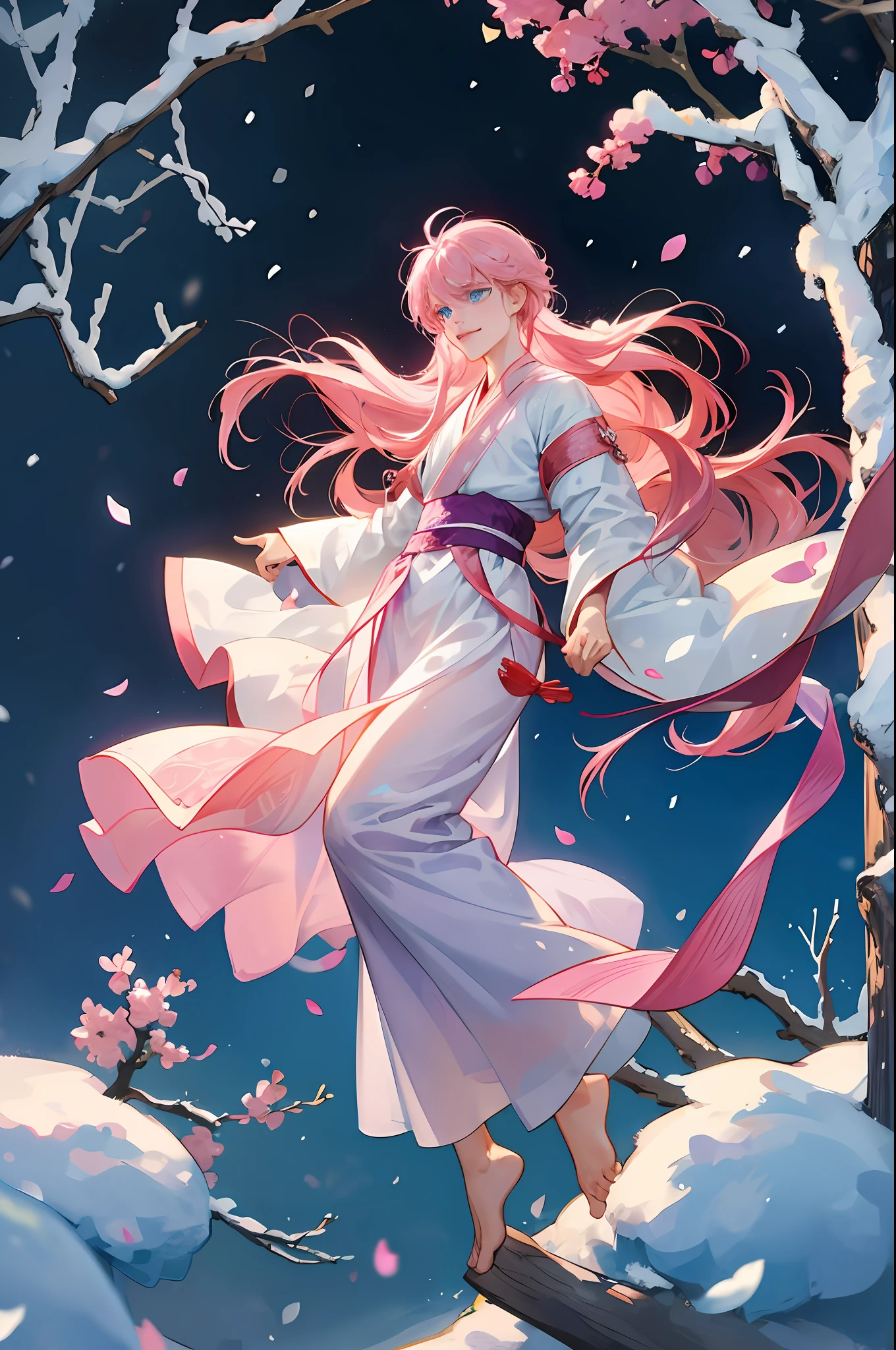 Young man, male, 1boy, Hanfu, 1 person, long hair, long bangs, handsome, (pink hair), (long hair), (blue eyes), boy, beautiful boy, (white), (barefoot), fairy, (snow), (plum tree), facial features, delicate facial features, wide robe and big sleeves, fairy fluttering, floating, clouds, cranes, gauze clothes, transparent blouses, smiles, gentle expressions, dusty, holy, unrestrained