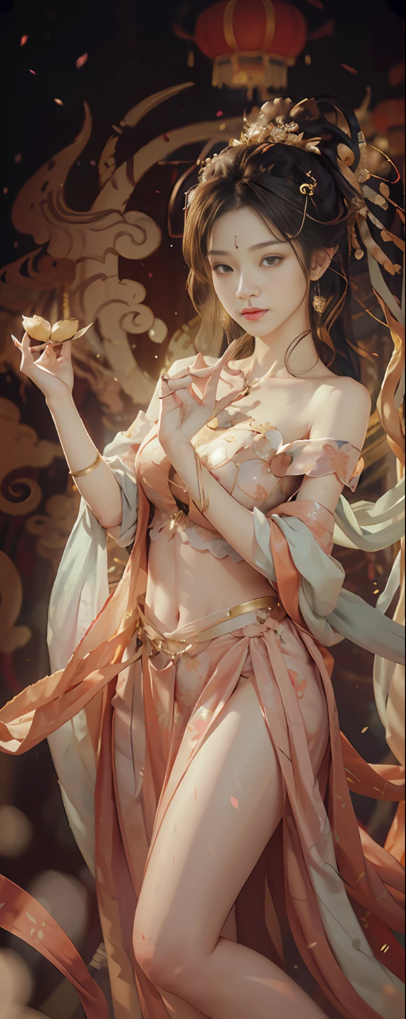 RAW Photo, Tyndall Light Effects, Realistic, (Photo Real: 1.3), Best Quality, Masterpiece, Ultra Detail, Extreme Detail, 8k Wallpaper, Realistic Detail, Movie Lighting, Illustration, upper_body, Dynamic Angle, World Mastery Theater, Best Quality, Extremely Delicate Beautiful Girl, Full Body Portrait, Perfect Face, Delicate Facial Features, Perfect Hands, Delicate Eyelashes, Delicate Eyes, Ancient Chinese Hairstyles, Hairpins, Earrings, Bracelets, Waist Accessories, Supple Fair Skin, Sexy Collarbone, Double girls dance, dunhuang_dress, off-the-shoulder, transparent fabric, stunning beauty, belly, navel, amazing, sexy, peach blossom eyes, light makeup, smile, lens_flare, Buddhist purification, temple pillars, mural background, messy, very detailed lotus, streamers, floating, Chinese lanterns, some fluttering petals