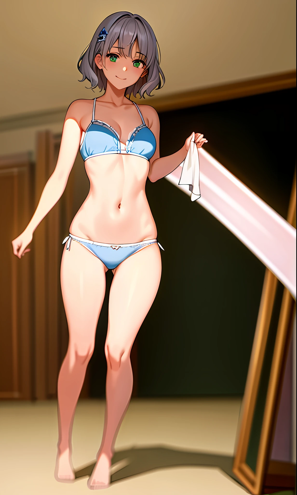 Top quality, (Masterpiece: 1.2), Very detailed, Own room, 1 girl, Solo, (muse), smile, watch the viewer, gray hair, circle of angels, short hair, hair ornament, green eyes, light in the eyes, white underwear, in the middle of dressing, realistic, from the knees up, glowing skin, fair skin, (medium breasts) ultra-realistic, realistic, photorealistic, portrait, blur,