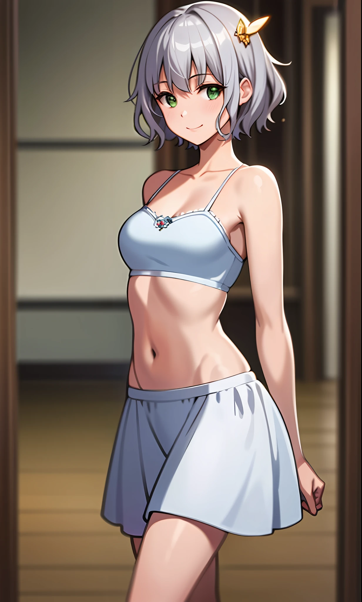 Top quality, (Masterpiece: 1.2), Very detailed, Own room, 1 girl, Solo, (muse), smile, watch the viewer, gray hair, circle of angels, short hair, hair ornament, green eyes, light in the eyes, white underwear, in the middle of dressing, realistic, from the knees up, glowing skin, fair skin, (medium breasts) ultra-realistic, realistic, photorealistic, portrait, blur,