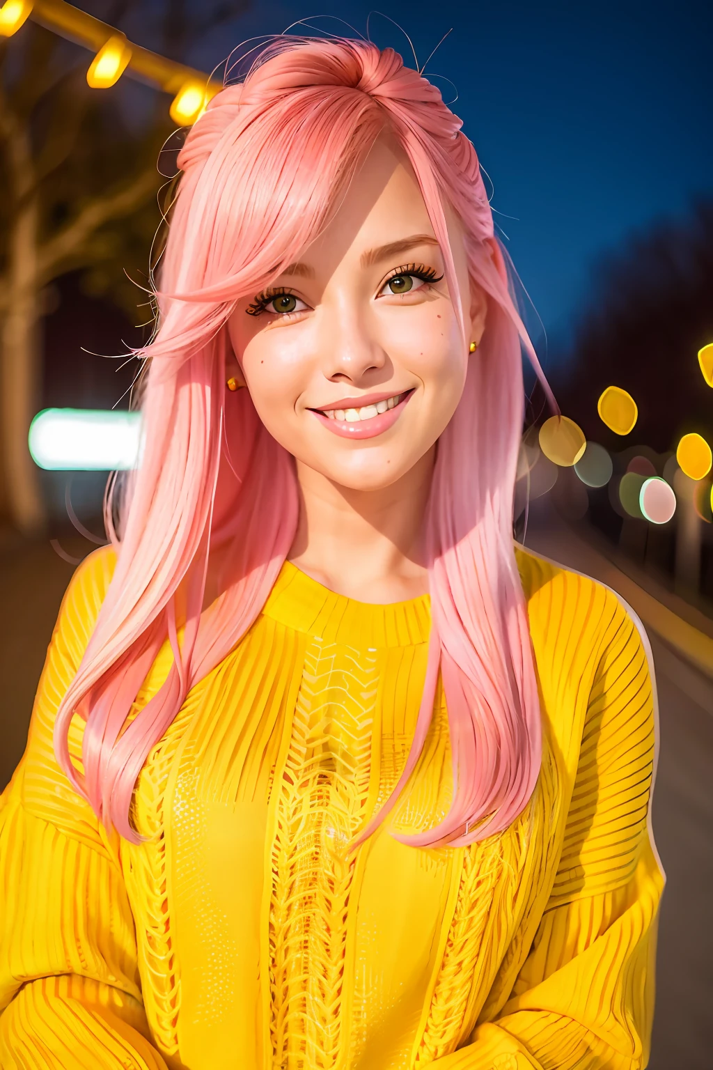 a naturally beautiful woman, pink hair, in a yellow low-collared sweater, perfect winter night, [candid:0.5, amateur:0.5], 8K, RAW, UHD, perfect face, stunning clear eyes, [perfect smile], ((((close up)))