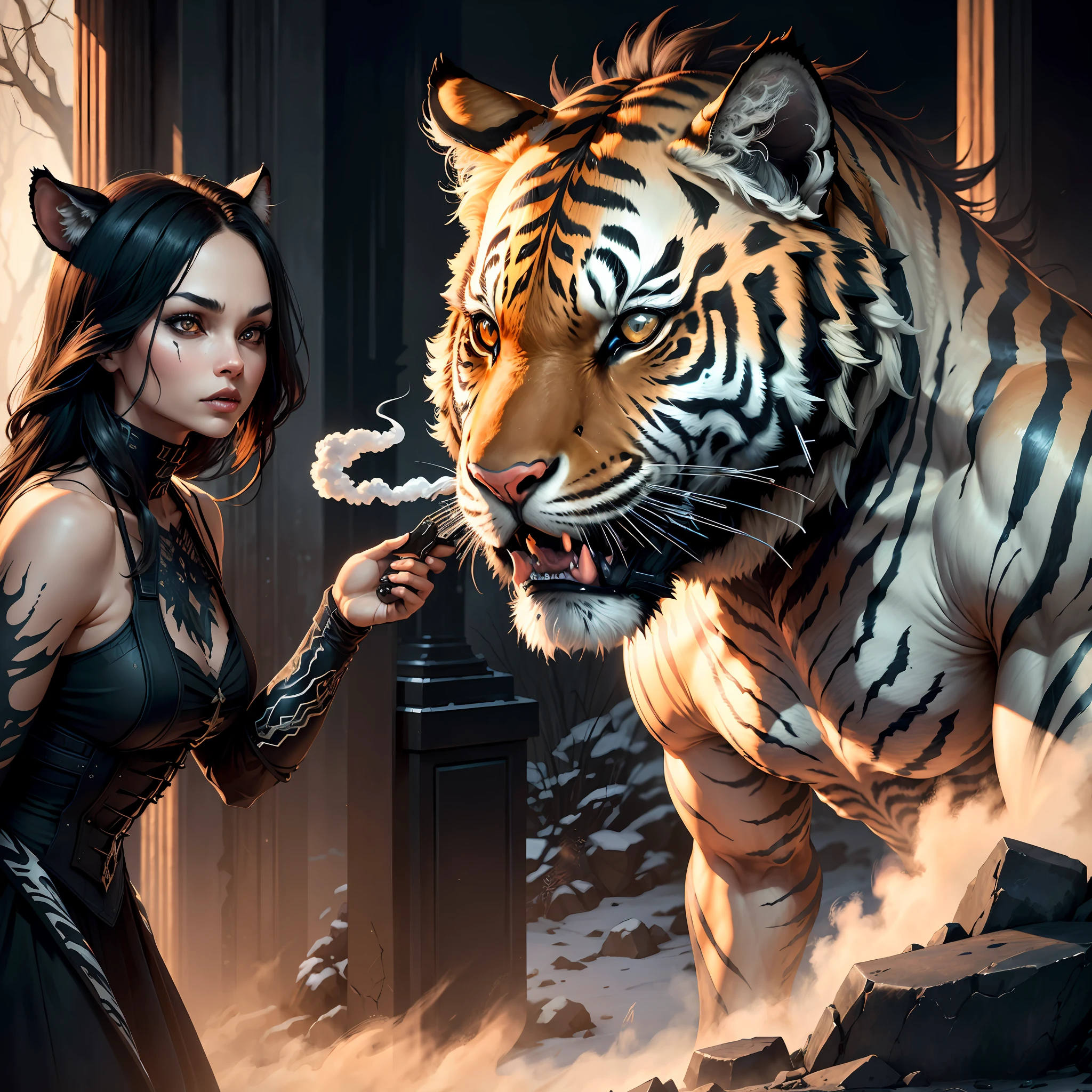 ((Intense Primitive Beauty)|.) (Extreme Nature) | Unreal), Dark, Dark Fantasy, (A Tiger), (Heavy Warframe: 1.3), (Roaring Forward), Smoke, Foggy, Blazing Eyes, Prairie or Burning Castle, Unique Ornamentation, Sunset Afterglow, Heavy Metal.