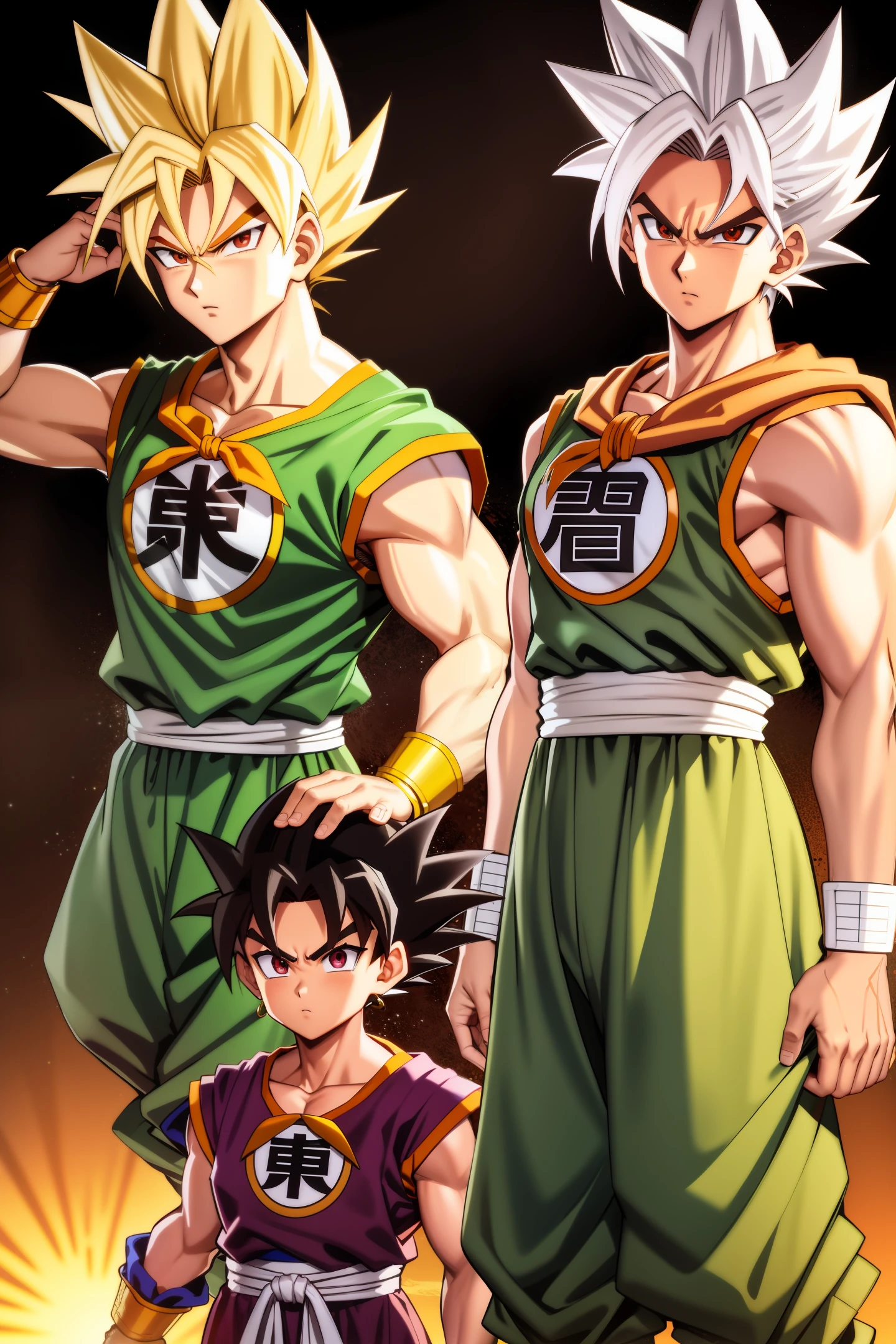 saiyan, brown skin, gohan clothes, hair combed back, white hair, lock of hair on face, scar on cheek, ochre-colored eye, slender, top
