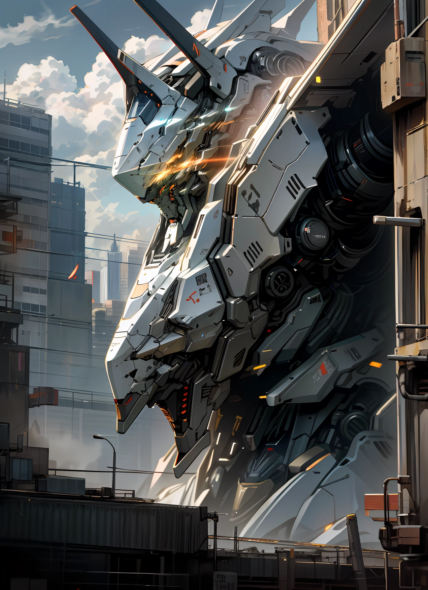 sky, cloud, holding_weapon, no_humans, glowing, , robot, building, glowing_eyes, mecha, science_fiction, city, realistic,mecha