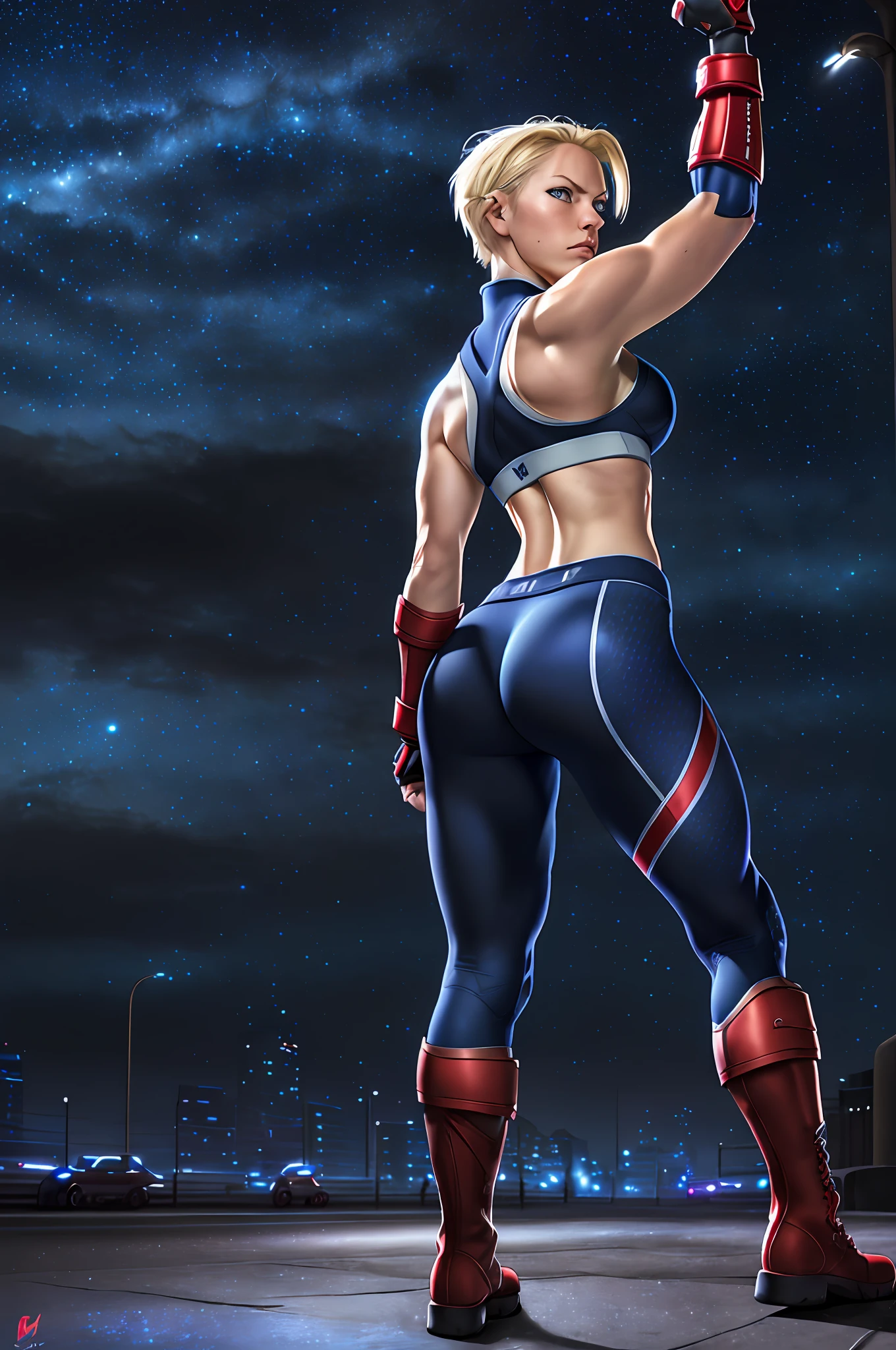 [CammyWhite], ((solo portrait)), ((High definition)), ((Inspired by Steve Dikto)), ((raytracing)), ((detailed shading)), ((semi-realistic)), ((full body portrait)), ((back view)), ((raw photo)), {Cammy; (white skin, beautiful blue eyes, short blonde hair, scar on LEFT cheek, small boobs, curvaceous hips), (Black sports bra, black yoga pants, blue arm sleeves, red combat boots, red gauntlets),  (frown; short eyelashes, beautiful lips), (athletic body; defined abs, defined leg muscles)}, ((standing on sidewalk; looking ahead, dynamic pose), (fist in air)), [Background; (street in UK; (nighttime, city lights, starry night sky, full moon)]