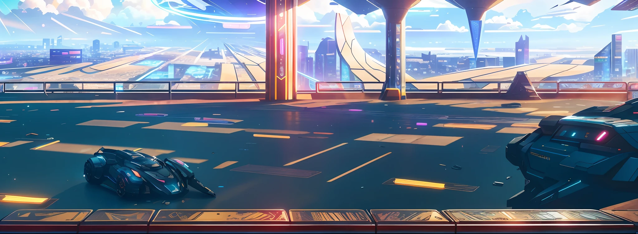 Cyberpunk, broken, there is a picture of the future city of technology, there is a horizontal wide glass transparent technology road background, gorgeous and bright background, arena background, game background, exaggerated futuristic sci-fi background, cartoon style