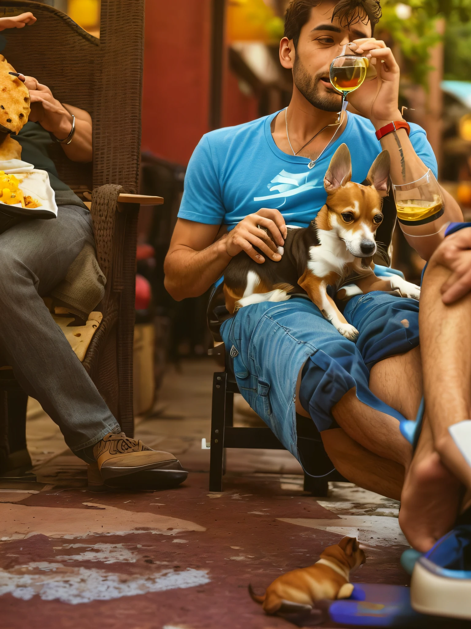there is a man sitting in a chair with a dog and a glass of wine, with his hyperactive little dog, with small cat on lap, with dogs, small dog, very very low quality picture, getting his tacos and drink), friendly guy and small creature, eating outside, with stray dogs, chihuahua, babies in her lap, sitting on his throne