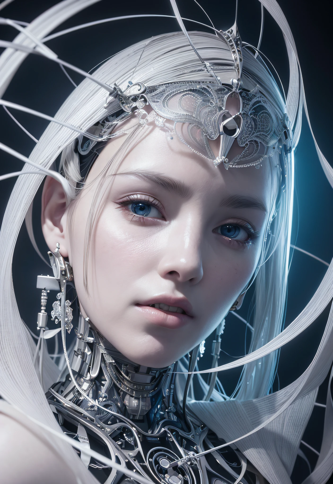 complex 3d render ultra detailed of a beautiful porcelain profile woman android face, cyborg, robotic parts, 150 mm, beautiful studio soft light, rim light, vibrant details, luxurious cyberpunk, lace, hyperrealistic, anatomical, facial muscles, cable electric wires, microchip, elegant, beautiful background, octane render, H. R. Giger style, 8k, best quality, masterpiece, illustration, an extremely delicate and beautiful, extremely detailed ,CG ,unity ,wallpaper, (realistic, photo-realistic:1.37),Amazing, finely detail, masterpiece,best quality,official art, extremely detailed CG unity 8k wallpaper, absurdres, incredibly absurdres,  robot, silver halmet, full body