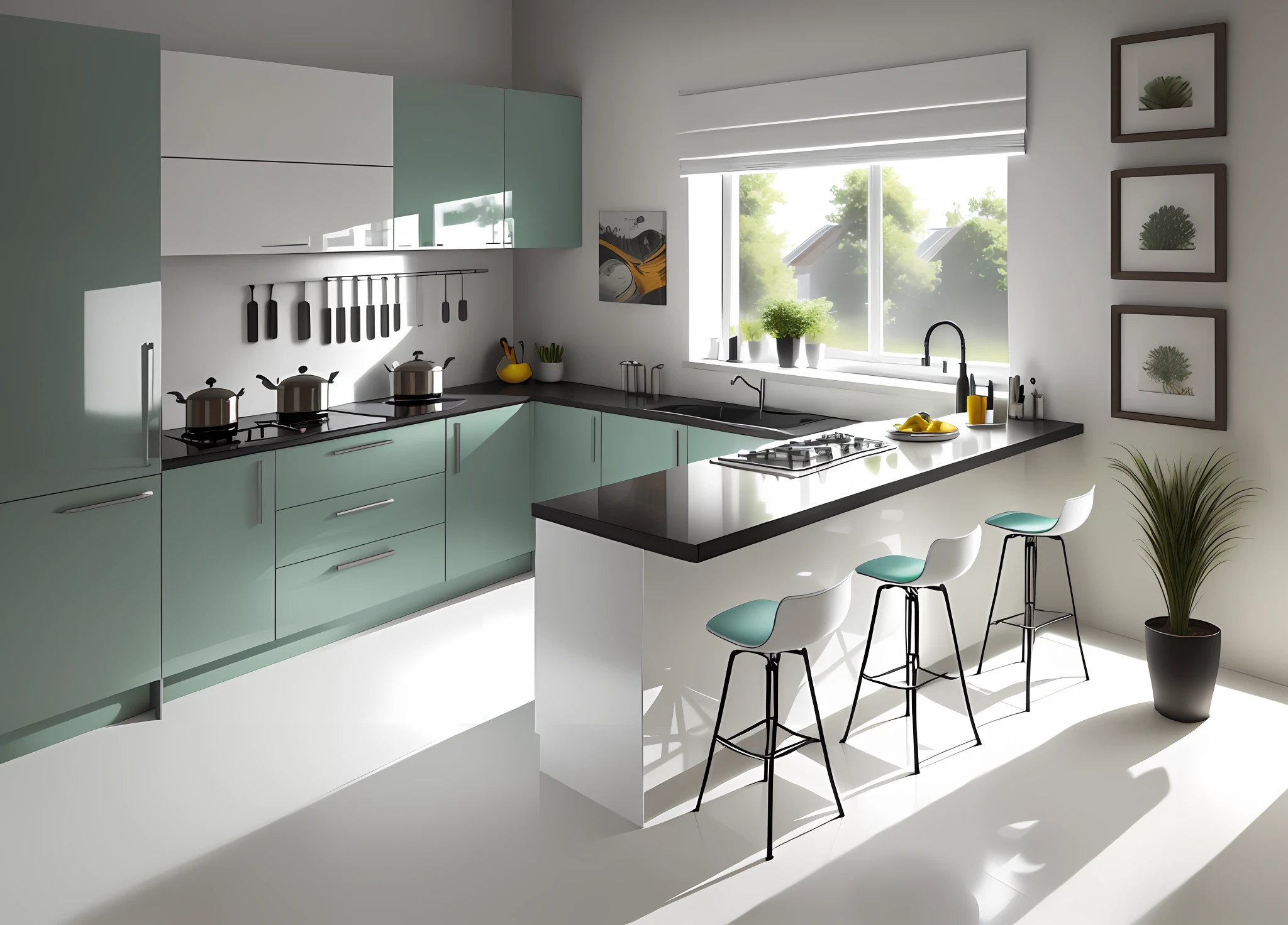 there is a kitchen with a center island and a bar stool, realistic, high gloss, kitchen, crisp smooth clean lines, hyper-realistic, hyper - realistic, vibrant colour, crisp smooth lines, precision, colour, exceptional, gloss finish, versatile, retro style, small kitchen, glossy surface, perfect crisp sunlight, glossy finish, high quality rendering, vibrant and dynamic --auto --s2