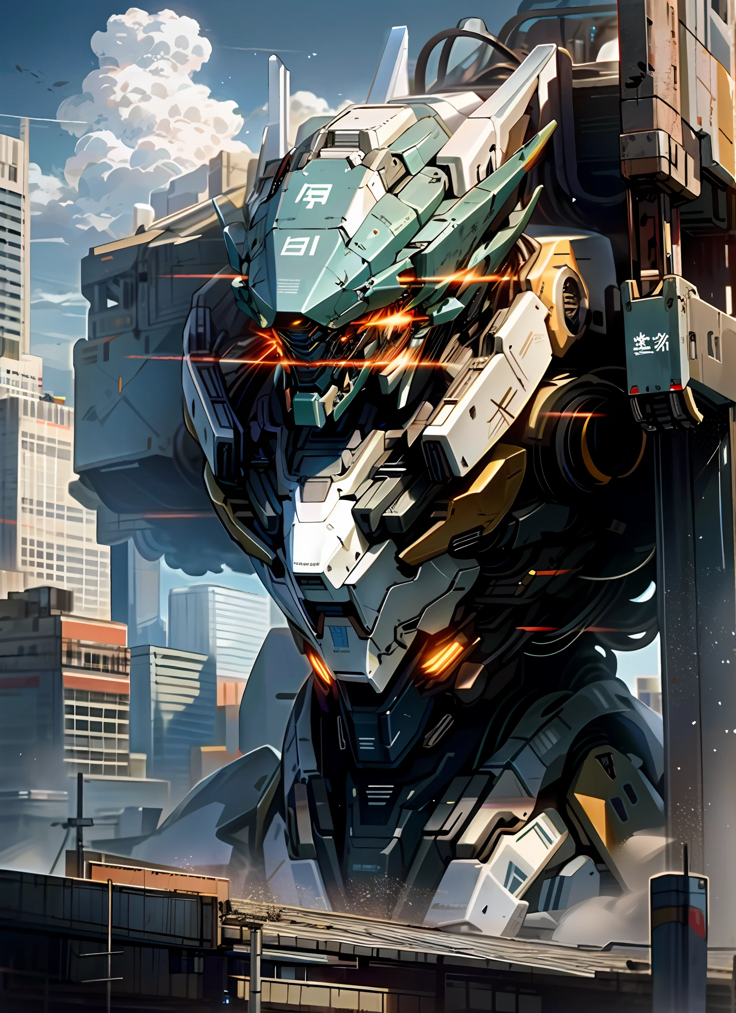 sky, cloud, holding_weapon, no_humans, glowing, , robot, building, glowing_eyes, mecha, science_fiction, city, realistic,mecha