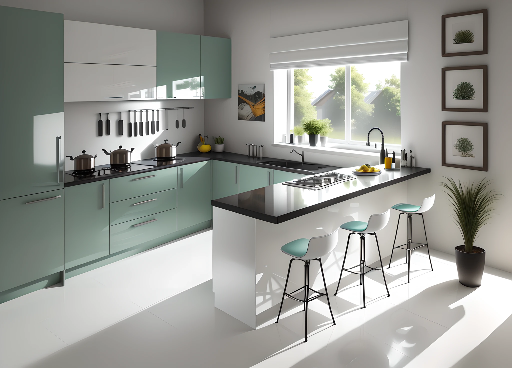 there is a kitchen with a center island and a bar stool, realistic, high gloss, kitchen, crisp smooth clean lines, hyper-realistic, hyper - realistic, vibrant colour, crisp smooth lines, precision, colour, exceptional, gloss finish, versatile, retro style, small kitchen, glossy surface, perfect crisp sunlight, glossy finish, high quality rendering, vibrant and dynamic --auto --s2