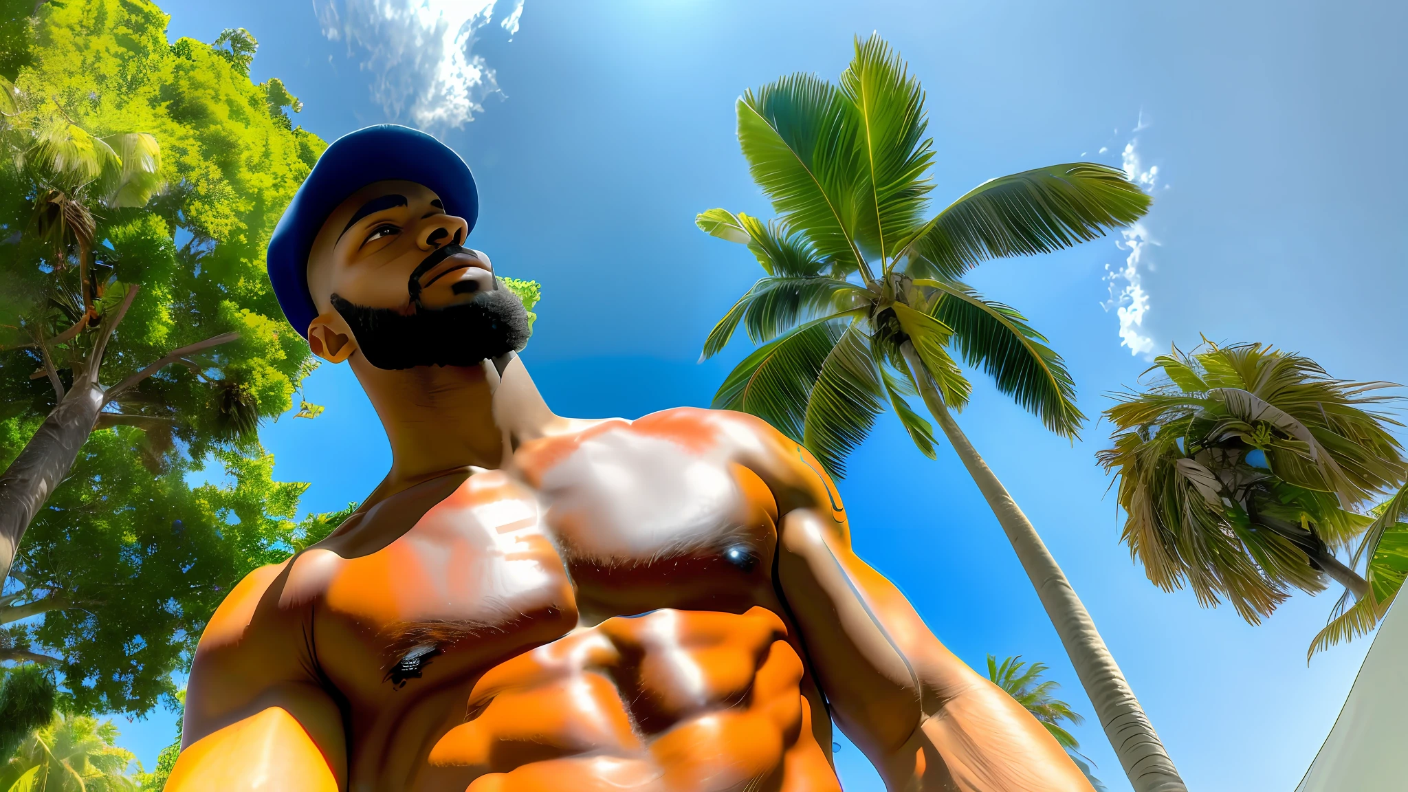 masterpiece, best quality, high resolution, realistic, from below, from the side, looking down, looking at the audience, medium closeup, a shirtless gay man in a hat standing in front of a tropical tree, miami, 1boy, big pectorals, solo, bara, muscular, large, hat, abs, sky, clouds, outdoors, (tattoo: 1.2), daytime, tree, earrings, male focus, muscular male, beard, from below, very short hair, looking at the viewer, cloudy sky, upper body, palm tree, dark skin, Indian supermodel