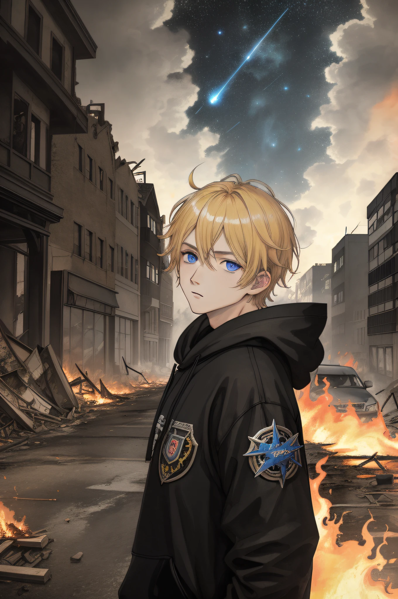 Masterpiece, high quality, absurdes, a guy, blonde hair, detailed eyes and face, blue eyes, handsome face, black hoodie, burning town ruins, abandoned suburban town, meteor shower, at night, chaos, panic, apocalyptic atmosphere, fires everywhere, cracked road, burning flames, hood on head, winged figure in the sky, burning ruined houses, broken walls, burning cars, ashes and dust in the air, tsunami