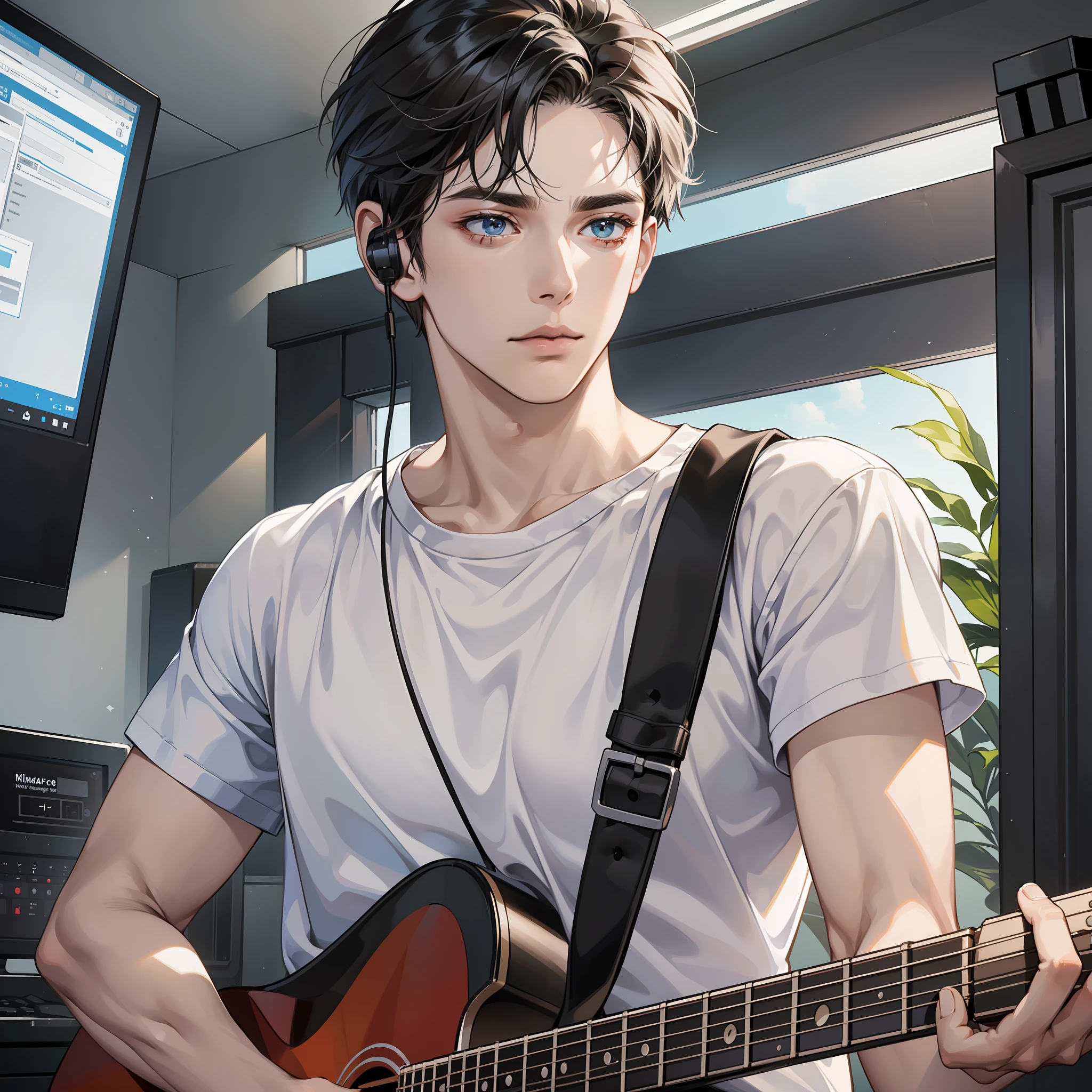 Masterpiece, high quality, best quality, HD, realistic, perfect lighting, detailed face, detailed body, 1 man, short black hair, white t-shirt, (serious expression: 1.5) (calm face: 1.5), looking at the computer screen, holding the guitar and singing, with headphones