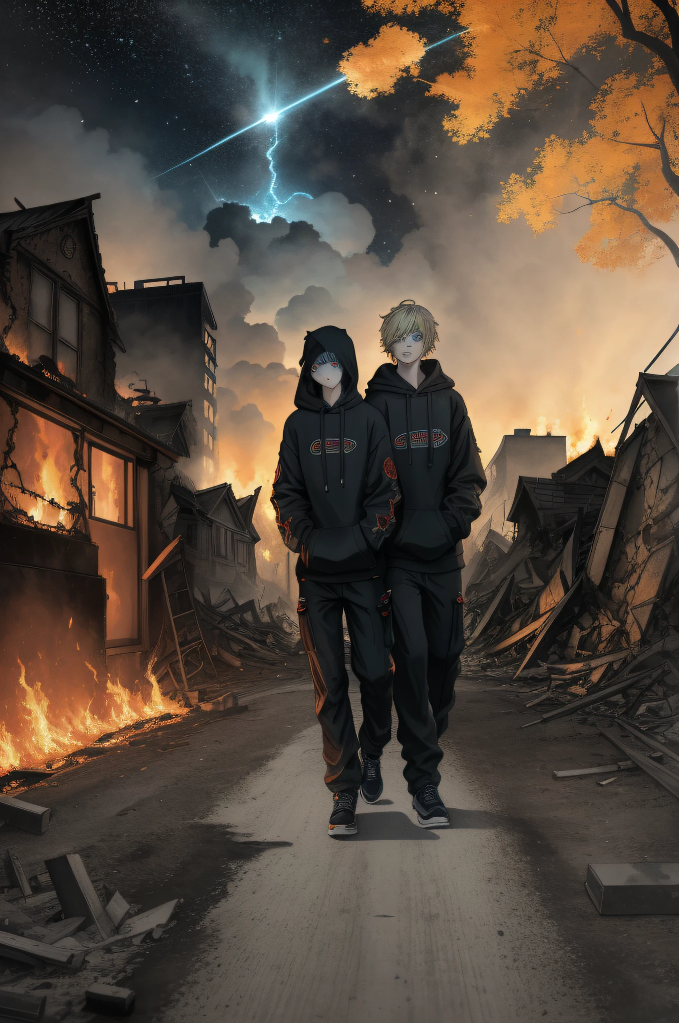 Masterpiece, high quality, absurdes, a guy, blonde hair, detailed eyes and face, blue eyes, handsome face, black hoodie, burning town ruins, abandoned suburban town, meteor shower, at night, chaos, panic, apocalyptic atmosphere, fires everywhere, cracked road, burning flames, hood on head, winged figure in the sky, burning ruined houses, broken walls, burning cars, ashes and dust in the air, tsunami