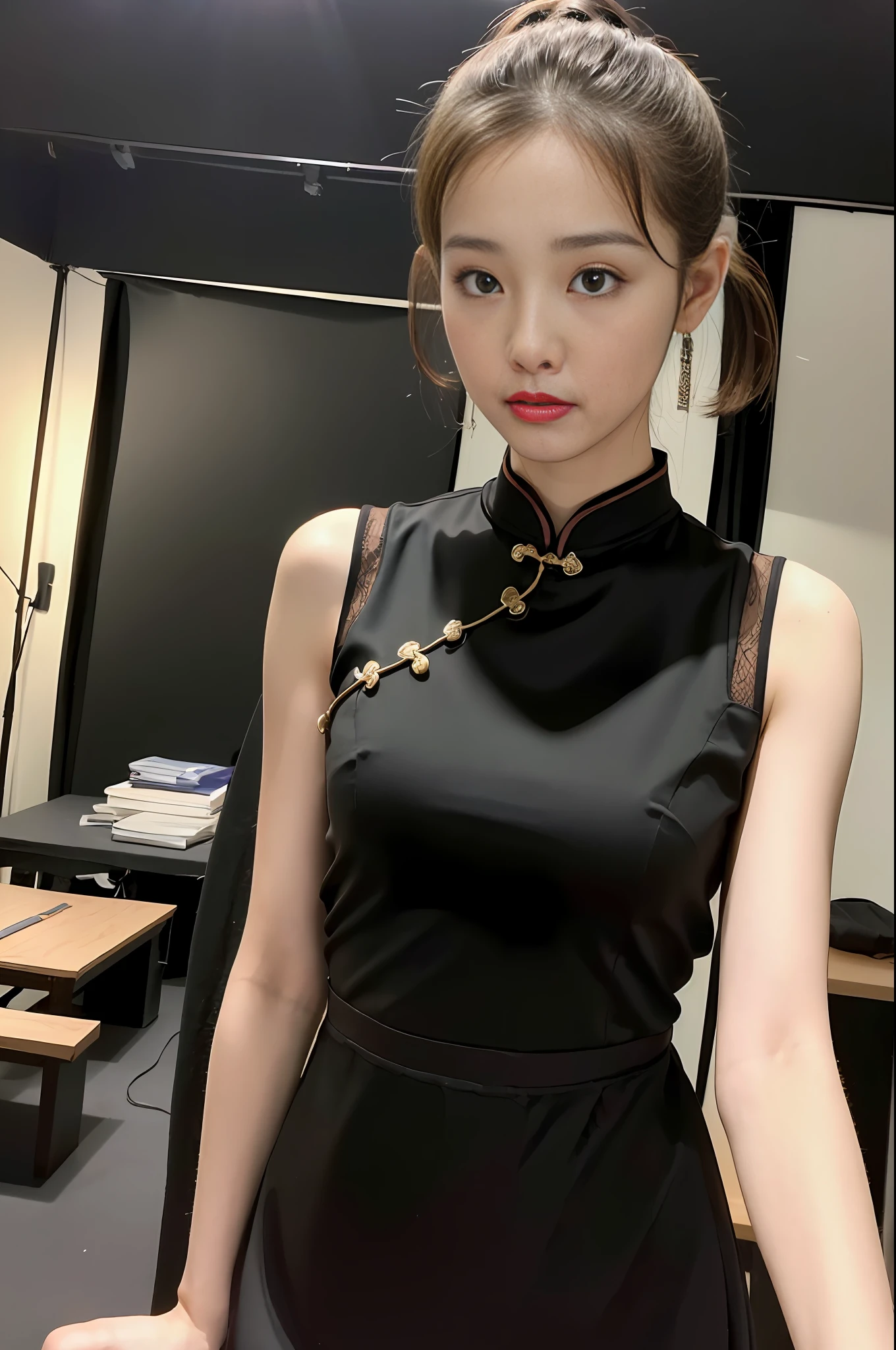 ((Realistic lighting, Best Quality, 8K, Masterpiece: 1.3)), Clear focus: 1.2, A girl is a streamer with goods, Beautiful woman with perfect figure: 1.4, ((Dark brown ponytail long hair)), (Black cheongsam: 1.4), (Live in the live room: 1.8), Super fine face, fine eyes