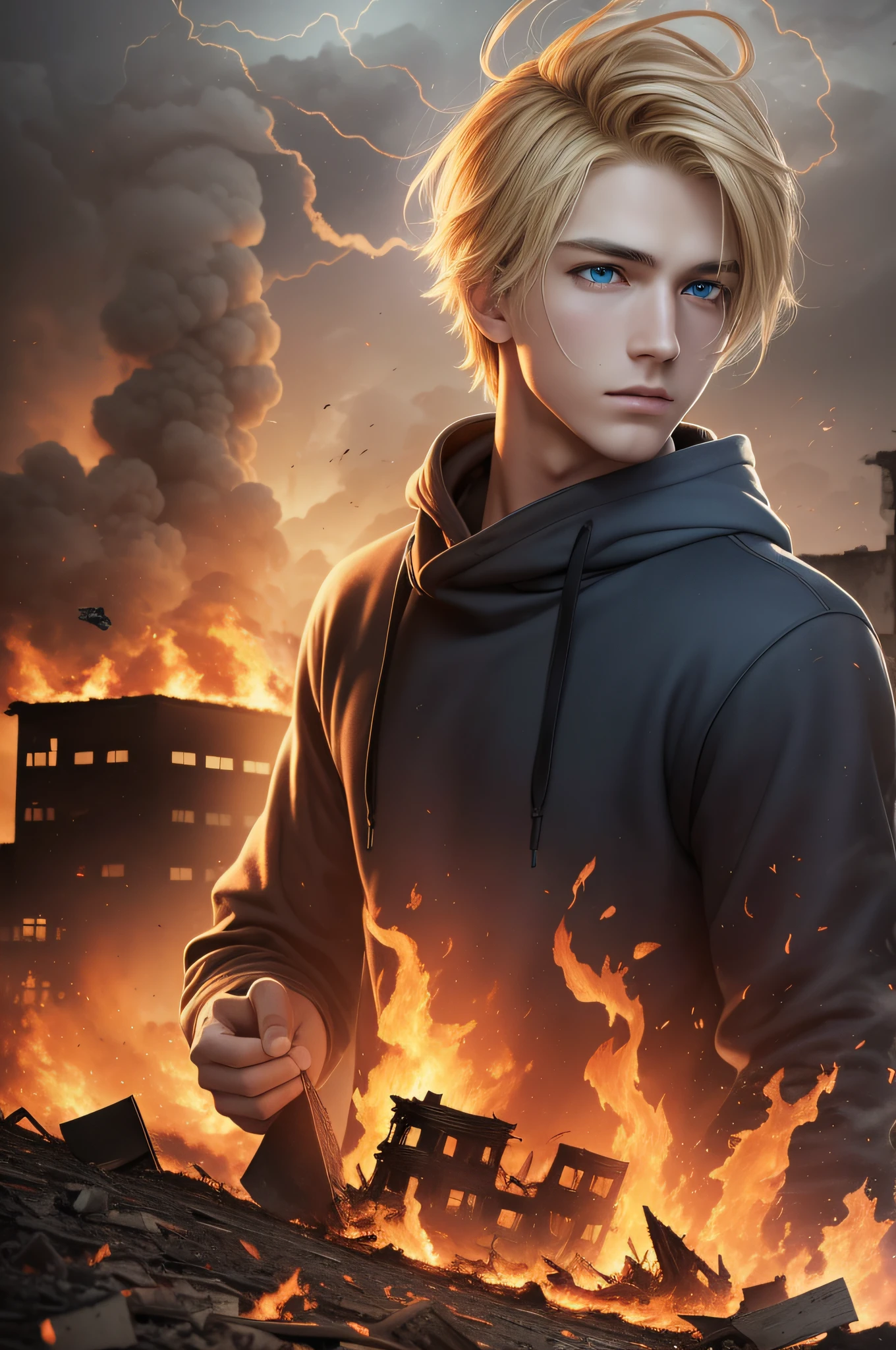 Masterpiece, high quality, absurdes, a guy, blonde hair, detailed eyes and face, blue eyes, handsome face, black hoodie, burning town ruins, abandoned suburban town, meteor shower, at night, chaos, panic, apocalyptic atmosphere, fires everywhere, cracked road, burning flames, hood on head, winged figure in the sky, burning ruined houses, broken walls, burning cars, ashes and dust in the air, tsunami
