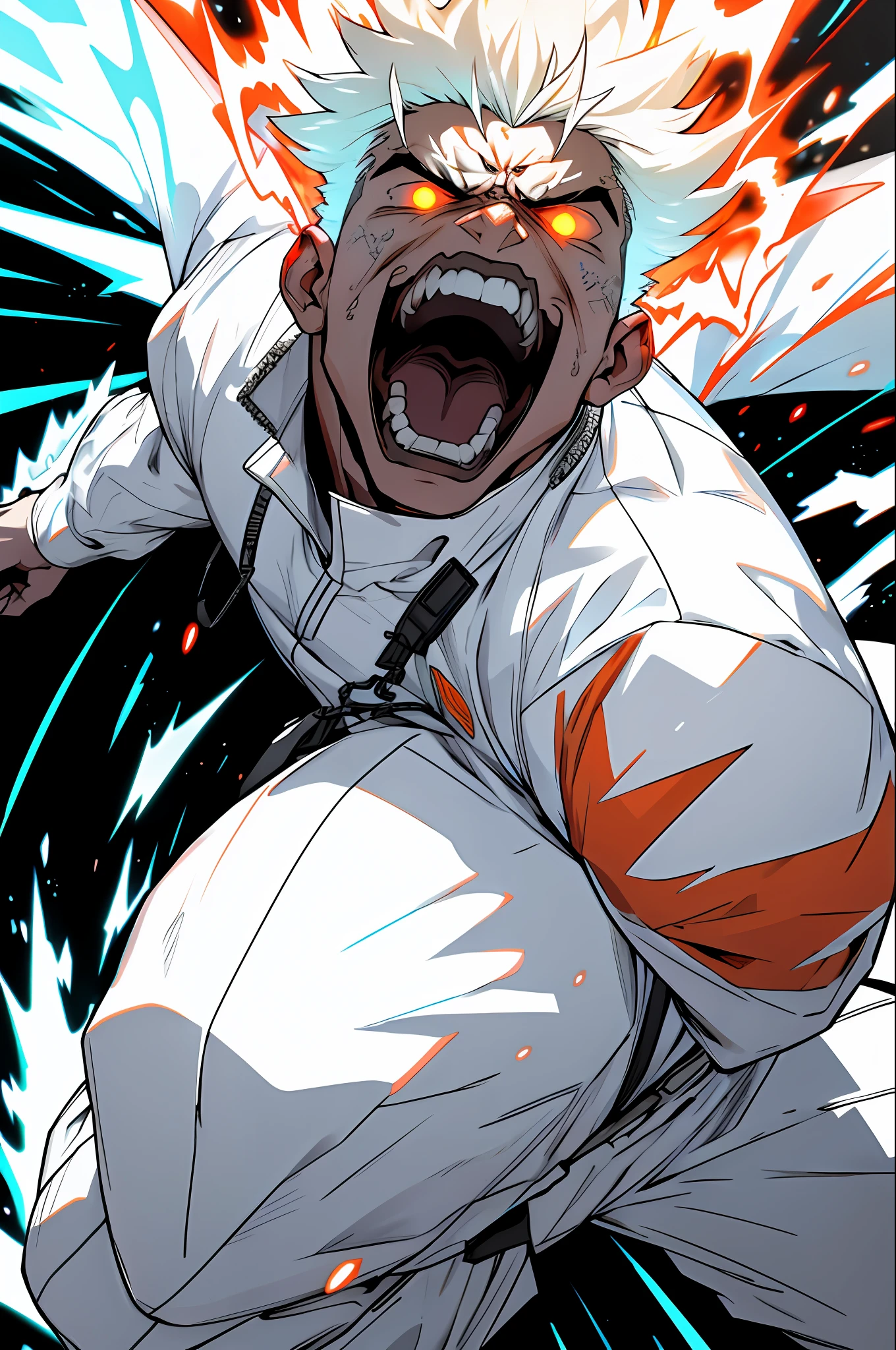 Supersayajin Mega, white futuristic outfit with black abstract print, mouth open screaming, angry and furious radiating energy around him, and destroying everything