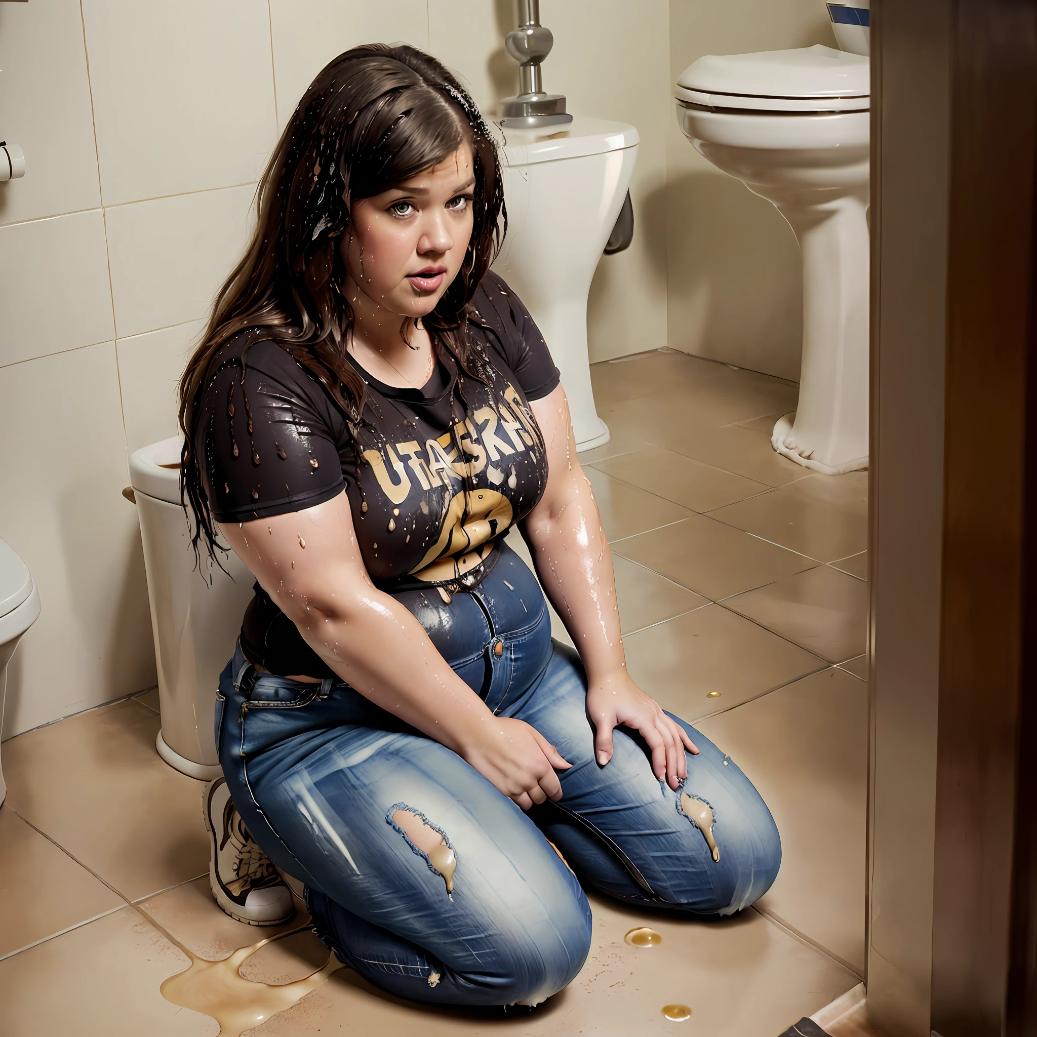 ((Overweight)) ((chubby)), Kelly Clarkson, small breasts, long brown hair, wearing dark jeans, t-shirt, ankle boots, kneeling on a toilet floor, soaked in urine ((urine soaked clothes:1.1)) (((full body shot))) (((full length))) (masterpiece) ((cinematic look))