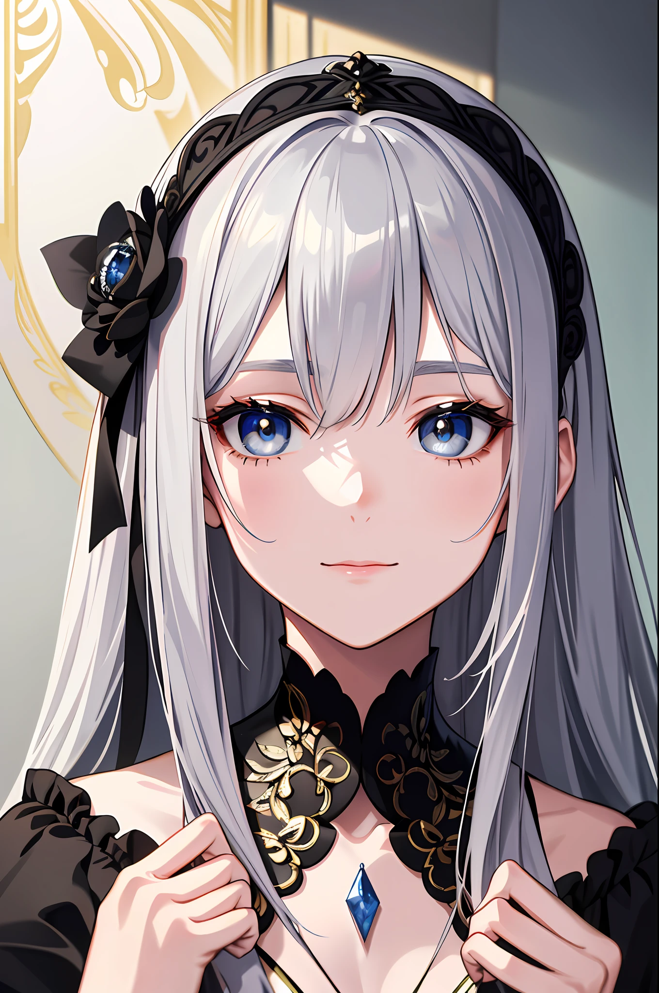 (masterpiece, sidelighting, finely detailed beautiful eyes: 1.2), portrait, lustrous skin, auqa eyes, silver hair