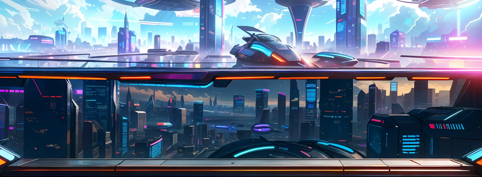 Cyberpunk, broken, there is a picture of the future city of technology, there is a horizontal wide glass transparent technology road background, gorgeous and bright background, arena background, game background, exaggerated futuristic sci-fi background, cartoon style