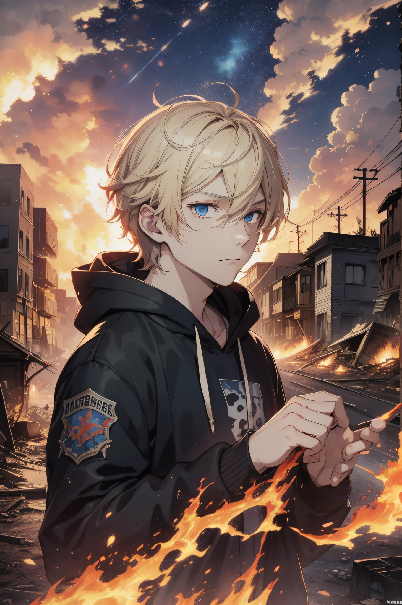 Masterpiece, high quality, absurdes, a guy, blonde hair, detailed eyes and face, blue eyes, handsome face, black hoodie, burning town ruins, abandoned suburban town, meteor shower, at night, chaos, panic, apocalyptic atmosphere, fires everywhere, cracked road, burning flames, hood on head, winged figure in the sky, burning ruined houses, broken walls, burning cars, ashes and dust in the air, tsunami