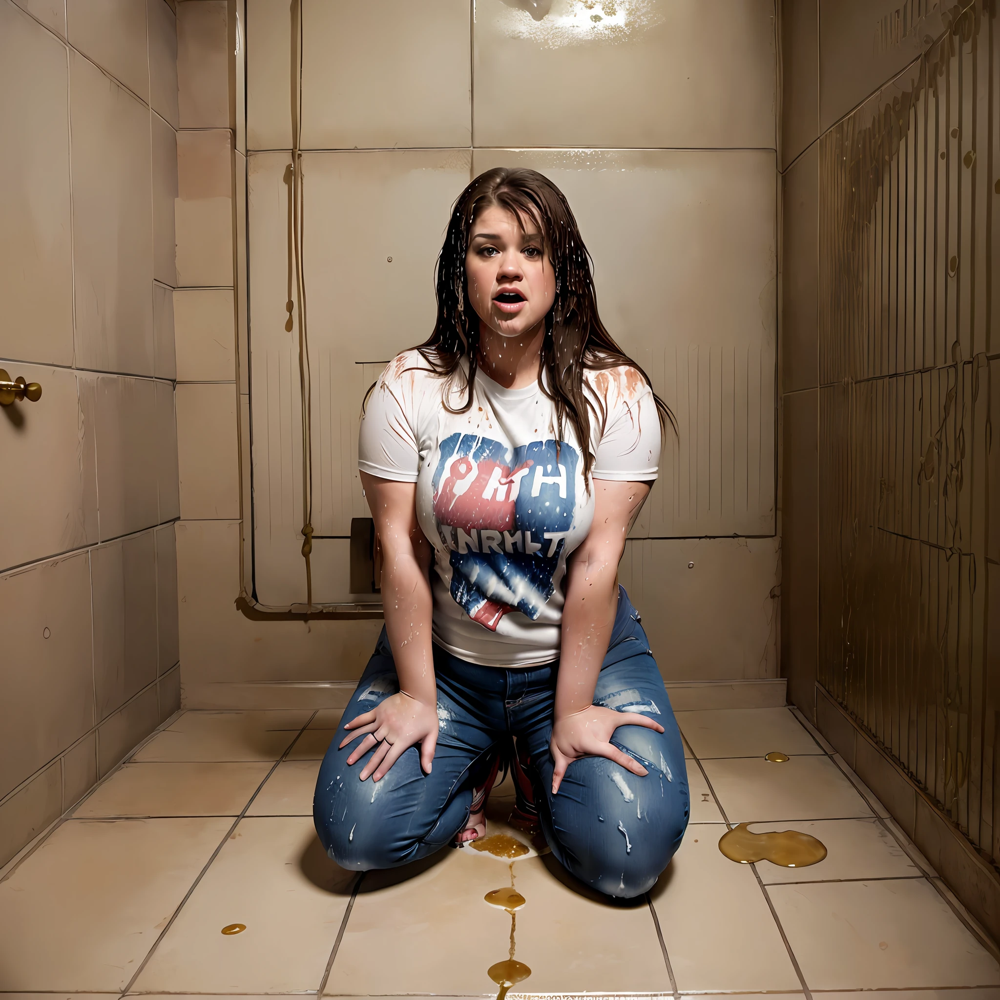 ((Overweight)) ((chubby)), Kelly Clarkson, small breasts, long brown hair, wearing dark jeans, t-shirt, ankle boots, kneeling on a toilet floor, soaked in urine ((urine soaked clothes:1.1)) (((full body shot))) (((full length))) (masterpiece) ((cinematic look))