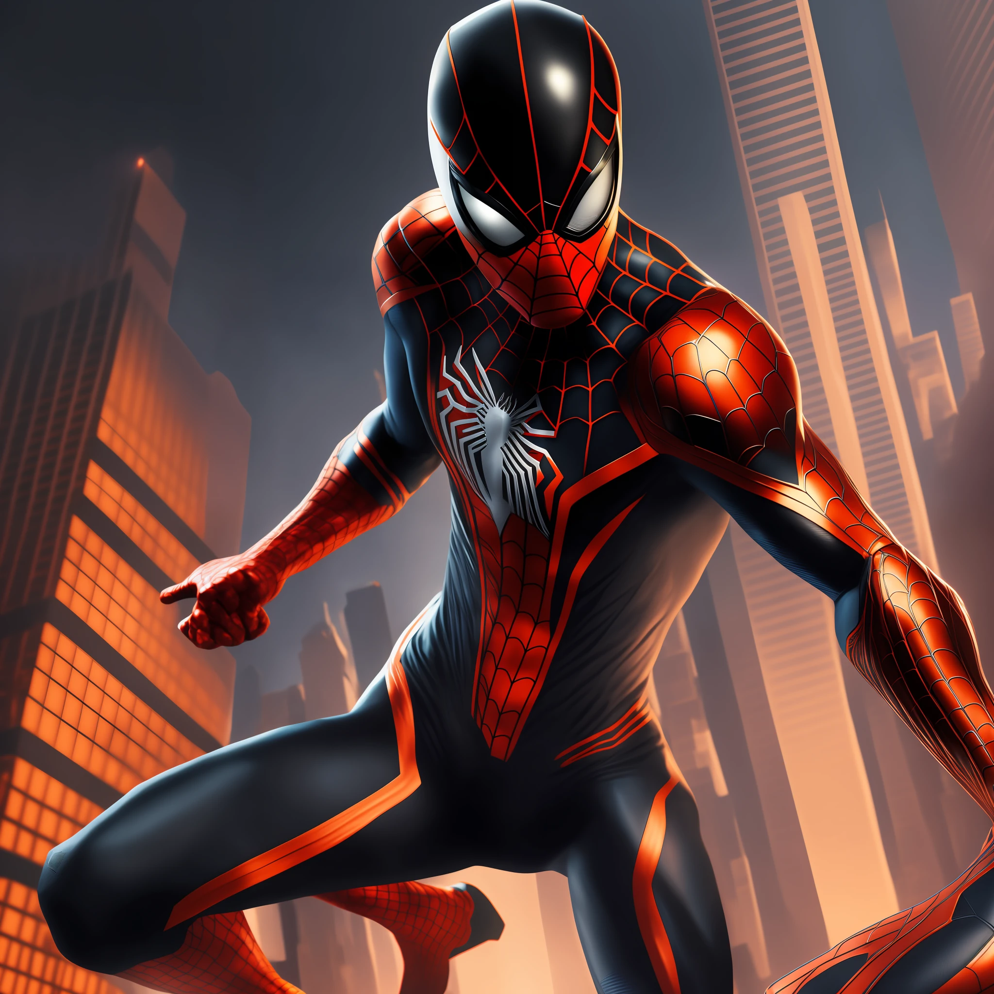 Spider-Man in a black and orange suit with a black background, futuristic style Spiderman, Miles Morales, Peter Parker, Render 8K, Spider-Man, Miles Morales!!!, Spider-Man, Highly Detailed Spider-Man, Full Samurai Armor Spiderman, Spider Webbed Body, Peter Parker as Spiderman, Spider-Man Portrait, Symbiote --auto --s2