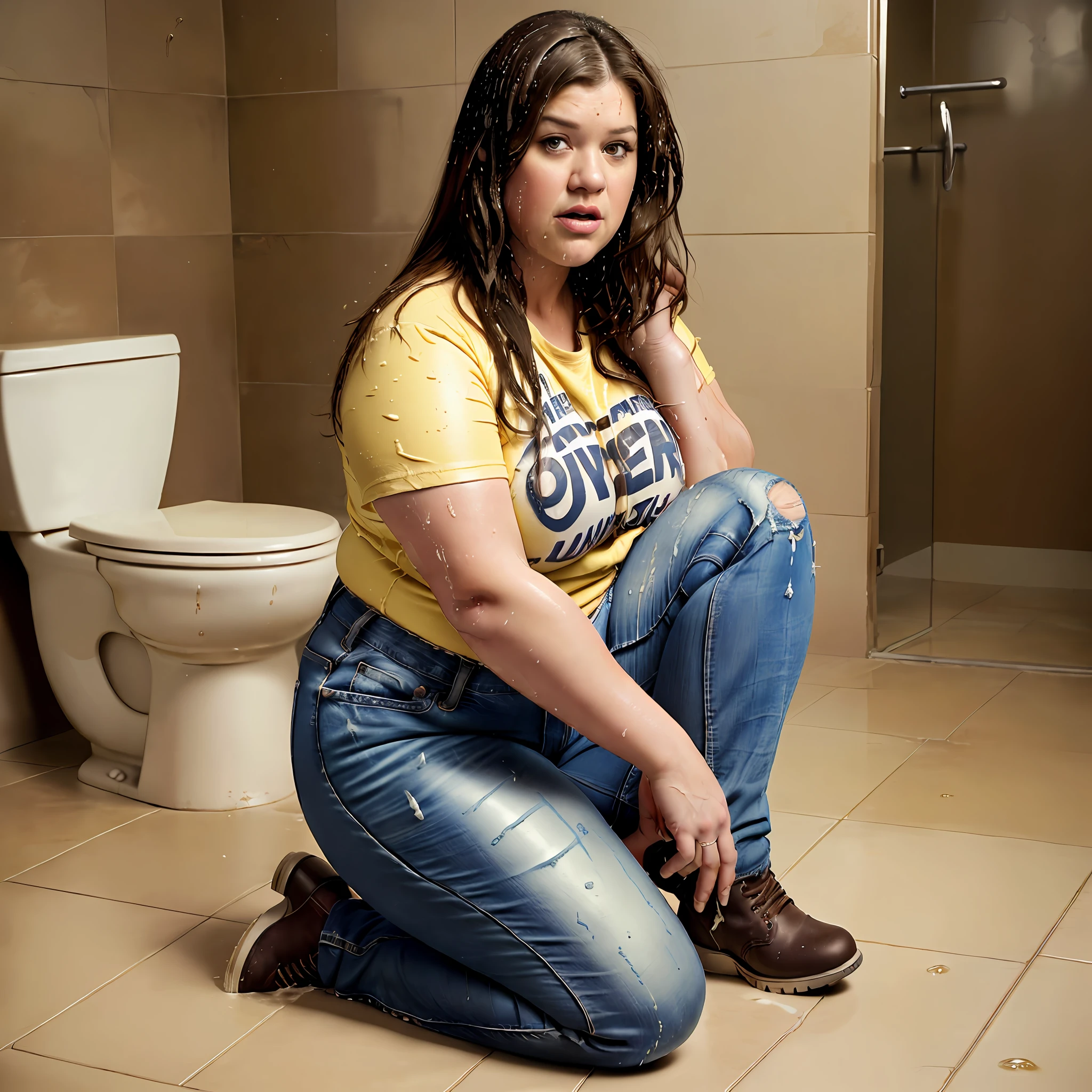 ((Overweight)) ((chubby)), Kelly Clarkson, small breasts, long brown hair, wearing dark jeans, t-shirt, ankle boots, kneeling on a toilet floor, soaked in urine ((urine soaked clothes:1.1)) (((full body shot))) (((full length))) (masterpiece) ((cinematic look))