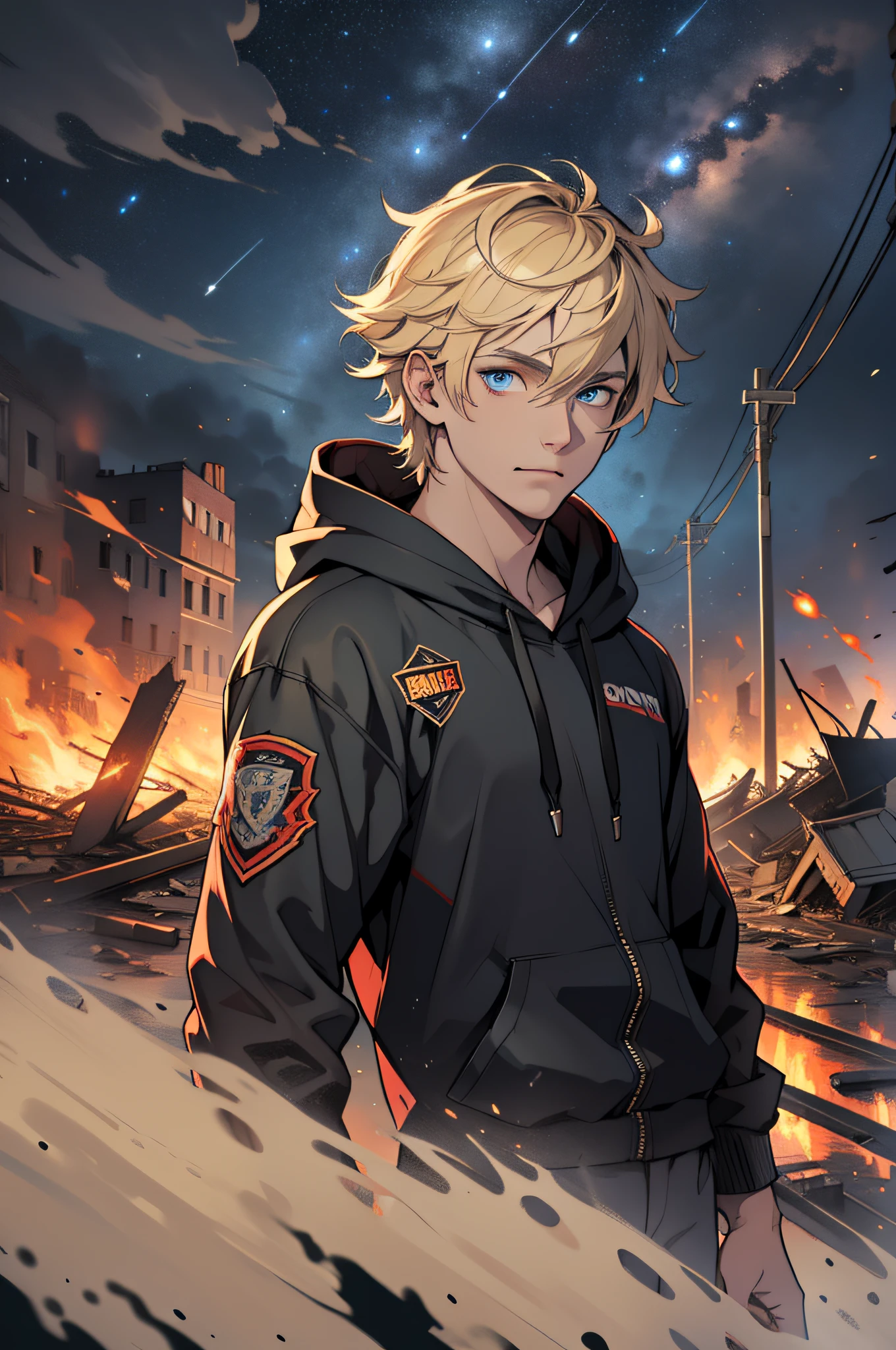 Masterpiece, high quality, absurdes, a guy, blonde hair, detailed eyes and face, blue eyes, handsome face, black hoodie, burning town ruins, abandoned suburban town, meteor shower, at night, chaos, panic, apocalyptic atmosphere, fires everywhere, cracked road, burning flames, hood on head, winged figure in the sky, burning ruined houses, broken walls, burning cars, ashes and dust in the air, tsunami